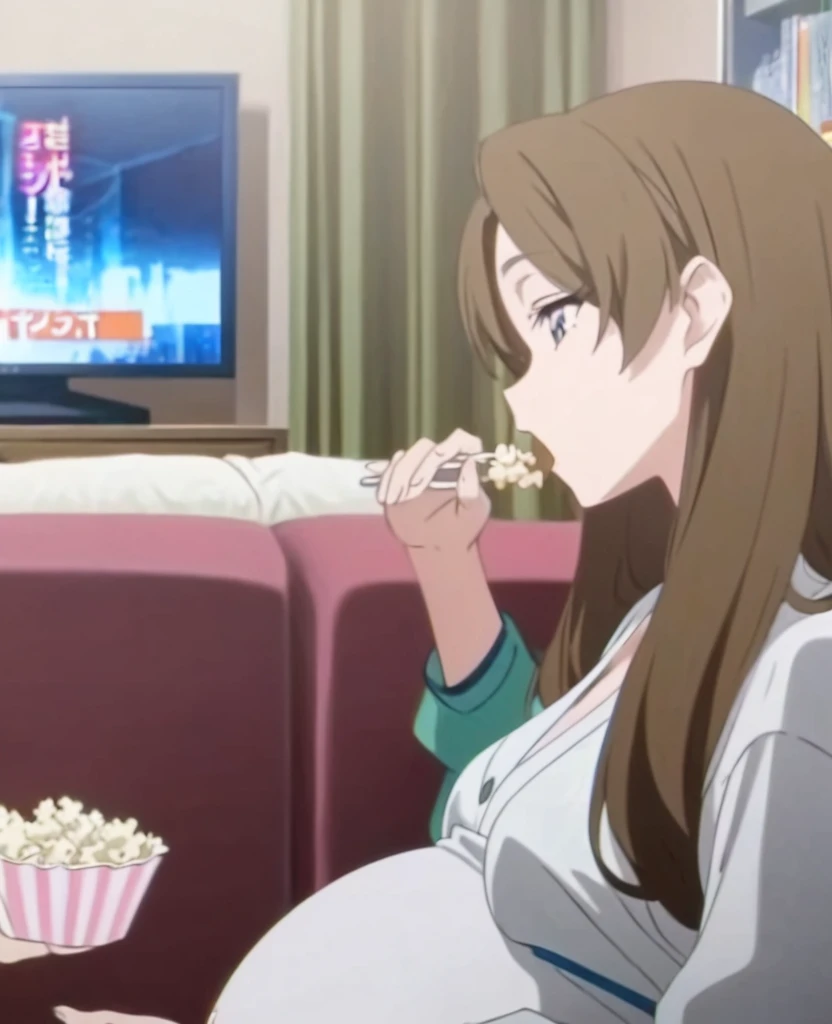 Pregnant woman, sitting on the sofa, while eating popcorn, background in the living room with TV, anime screencap