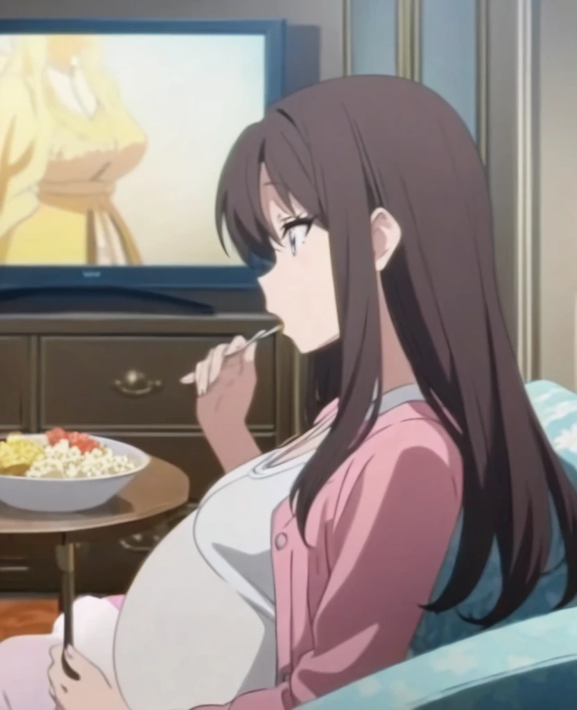 Pregnant woman, sitting on the sofa, while eating popcorn, background in the living room with TV, anime screencap