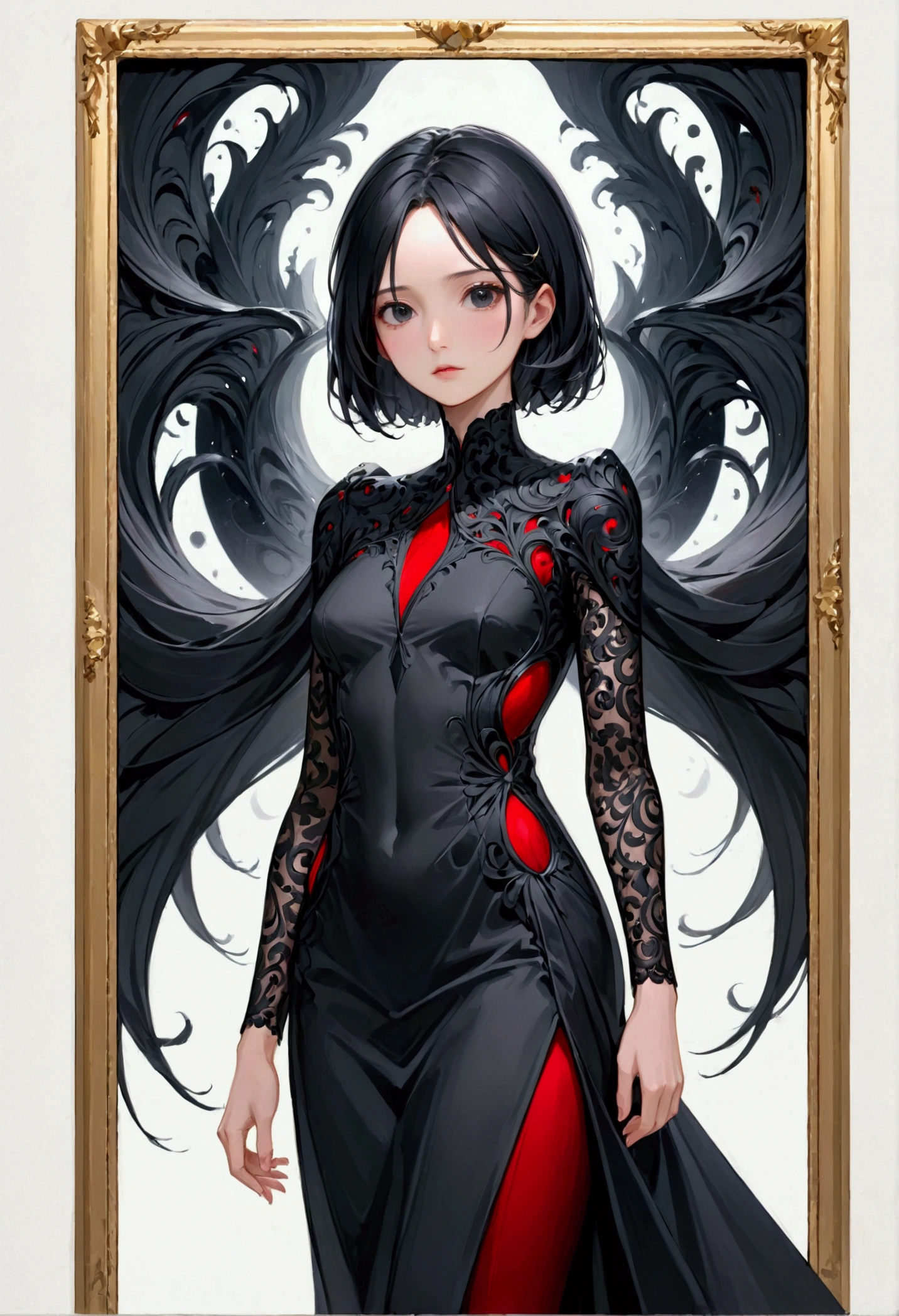 Girl with void black hair, void black eyes,tall rectangular body figure, mature, elagant dress