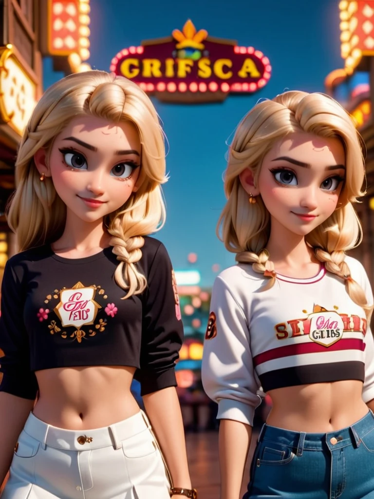 2girls feliz, 35mm photography, film, bokeh, proffesional, 8k, highy detailed, 3d, pixel, blondie hair, straight hair, Brown eyes,make-up, preppy style, Girl gains weight, fat body, de casino,girl with tattoo , best qualityer