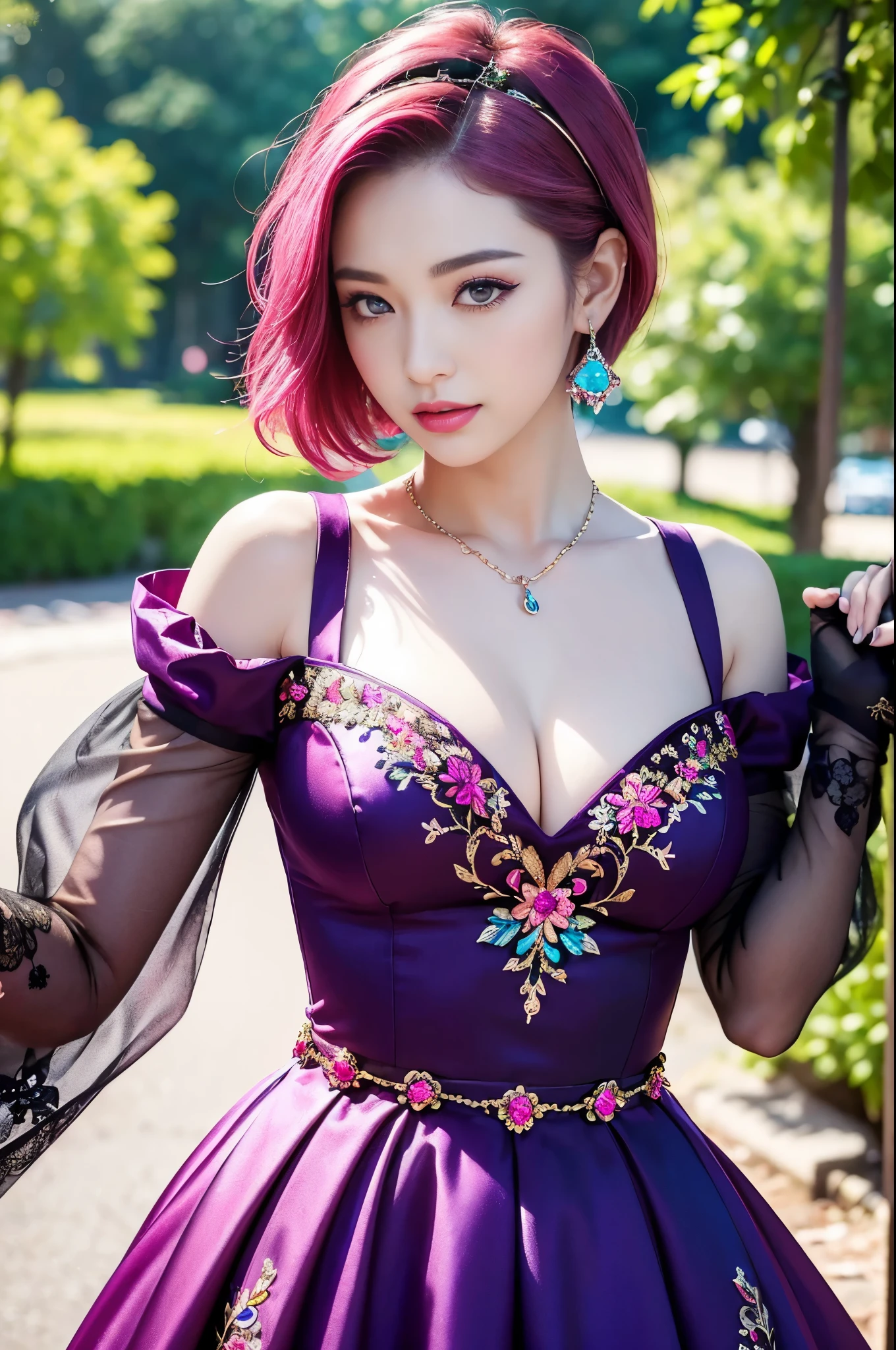 (masterpiece:1.4), (best quality:1.4), ultra high res, ultra high resolution, ((detailed facial features)), HDR, (realistic, photorealistic, photo-realistic:1.37), full body Esbian, sexy Vietnamese model, (-anime), only 1 model, vivid colors, ((vivid colors multicolor (fuchsia, pink, light blue, purple) very short hair)), (beautiful smile), lip-gloss, long lashes, defined eyebrows, wearing large sparkling colorful jewelery, wearing a red silk Paradise Kiss cosplay dress with black floral embroidery, ((vivid colors outfit)), vivid colors, look at the camera, cinematic light, large park background with trees, sweet and sexy pose