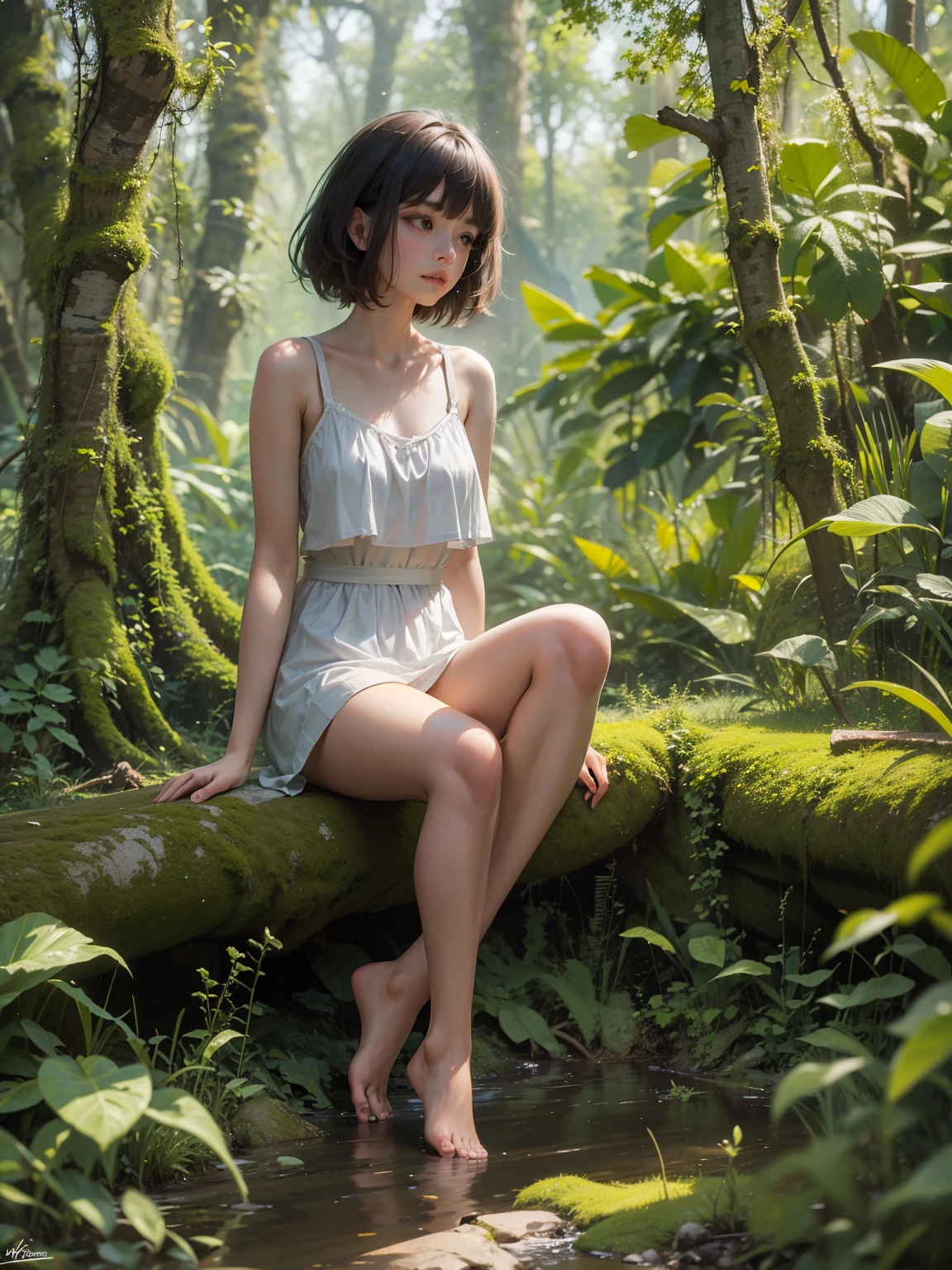 beautiful girl,  breast, showing face, protruding, short hair, brown, 8k, professional photography, delicate, clear, in the forest, sun, light leakage, masterpiece, (beautiful)))), (reality)))), sad, blushing, Full Body, fantastic, young, bare foot