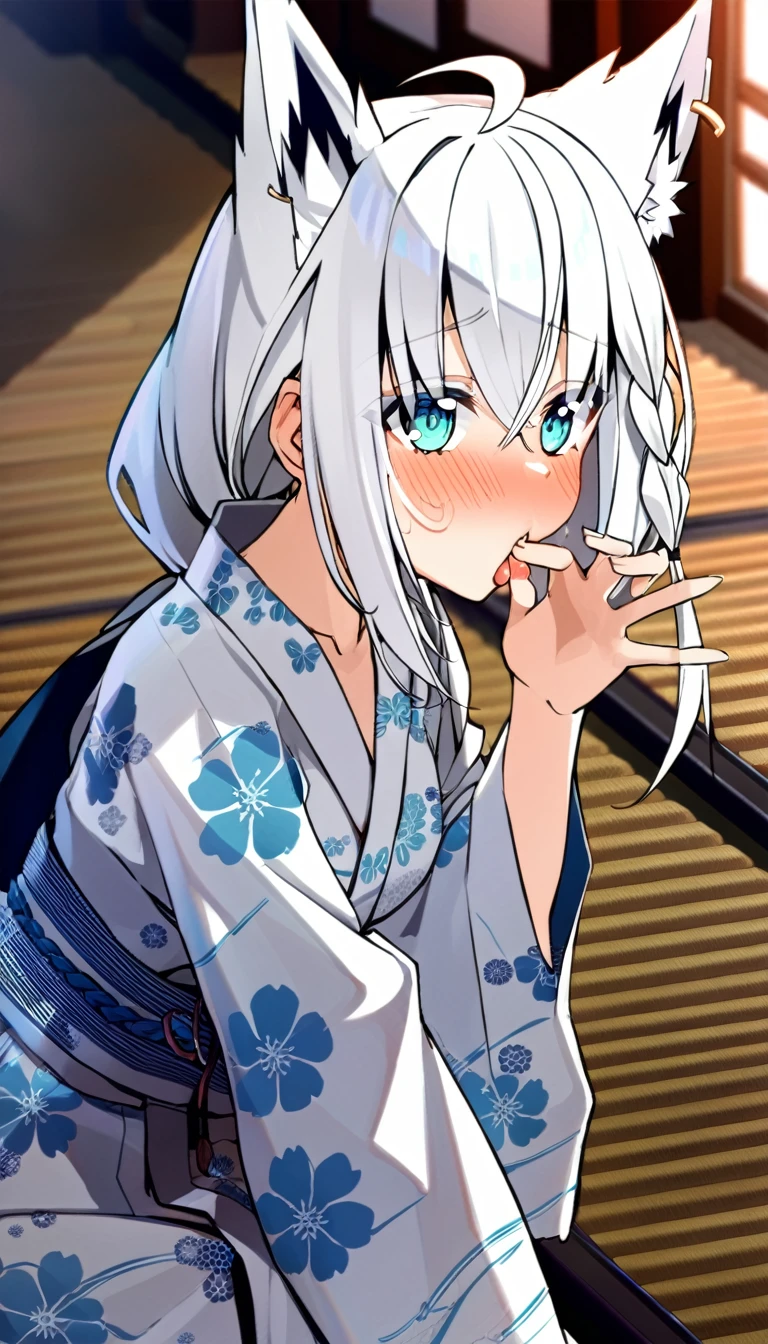 one girl, Shirakami Fubuki, fox ears, white hair, yukata, fellatio gesture