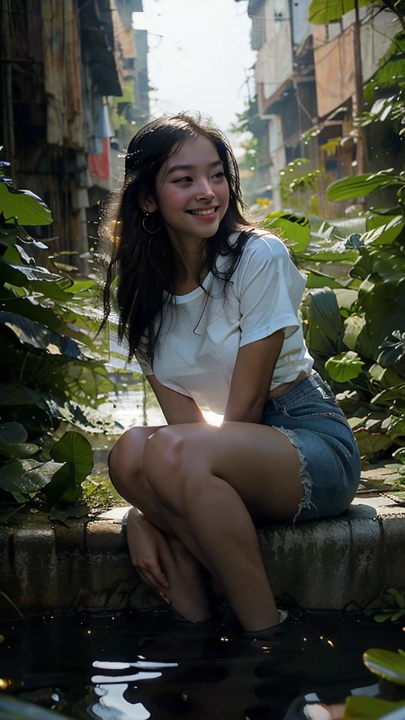 A beautiful woman with smooth white skin, Asian, laughing, cheerful, happy, wearing a white t-shirt, blue jeans, carrying a large camera, looking expensive, sitting on an old wooden boat. Watch fireflies in the canal at night. Fireflies are insects that glow. Fly low. Dim moonlight filters through the clouds. Soft moonlight. A dark night. Thick, black clouds. Only the fireflies glow slightly. that fly back and forth to that area There is a reflection in the water. In a canal with calm water like a mirror, Thai landscape, 32K high resolution.