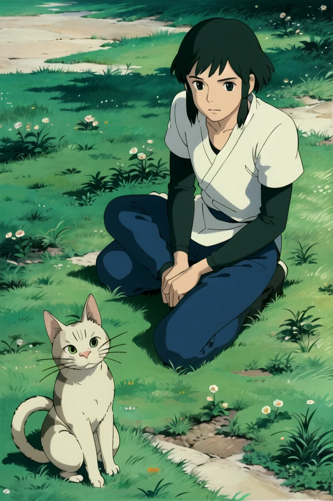 (((ghibli style))),animal,A cat sitting on the grass