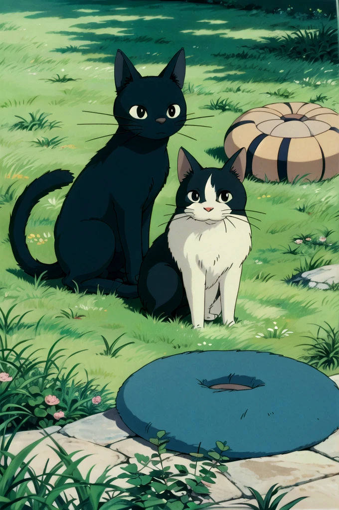 (((ghibli style))),animal,A cat sitting on the grass