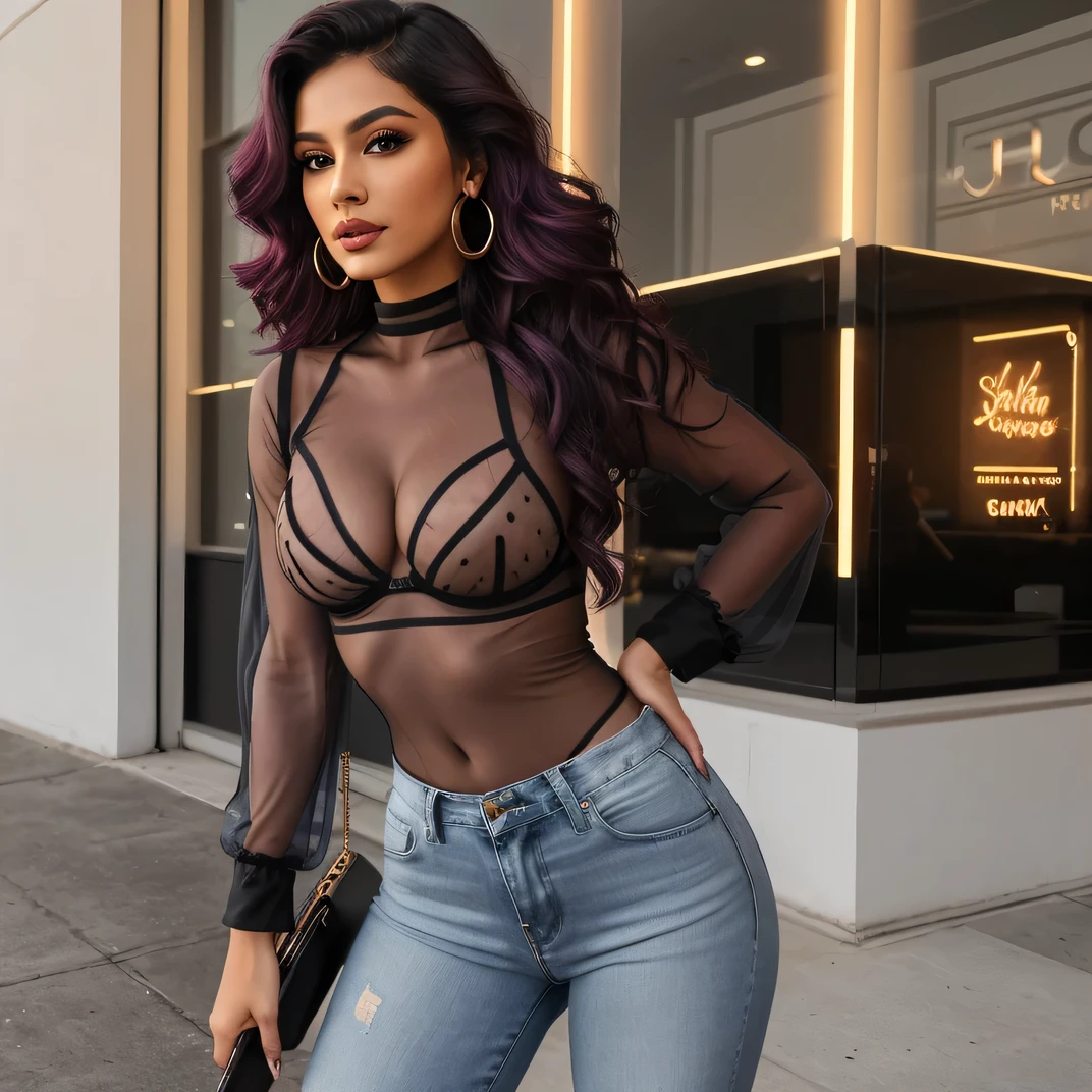 Create an ultra-realistic image of a modern, attractive female influencer of Indian descent, aged between 27 to 30. She should have a warm and inviting smile, expressive almond-shaped eyes with a slight shimmer, and clear, glowing skin with a medium brown complexion. Her features should be well-defined, with high cheekbones and a sharp jawline. Her hair should be long, thick, and wavy, with a deep, reddish-purple hue that’s bold yet sophisticated, styled in loose waves.

She should have a slender yet athletic build with an increased bust size (approximately 44-46 inches), and a more pronounced butt size, reflecting a healthy and active lifestyle. Female body, nsfw, big breasts, (plump: 0.5), (nude, sexy), beautiful skin, ((transparent off soholder bra,   transparent, transparent clothes, transparent attire, (huge breasts:0.8)) and high-waisted black skinny jeans that accentuate her toned figure and complement her curves. Her outfit is completed with stylish black heeled sandals that add elegance to her look. She accessorizes with subtle yet chic jewelry, such as small hoop earrings and a few thin bangles.

The background should feature an upscale shopping district with boutiques, enhancing the cosmopolitan feel. Her overall appearance should exude confidence, approachability, and sophistication, capturing the essence of a contemporary Indian fashion influencer.