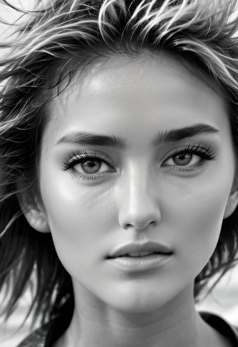 An extreme close up photo of a female model's face. Monochrome grainy image. Outside, coastal setting. Model is windswept, hair blown about. Looking direct to the camera. Detailed, high quality image. High contrast image,