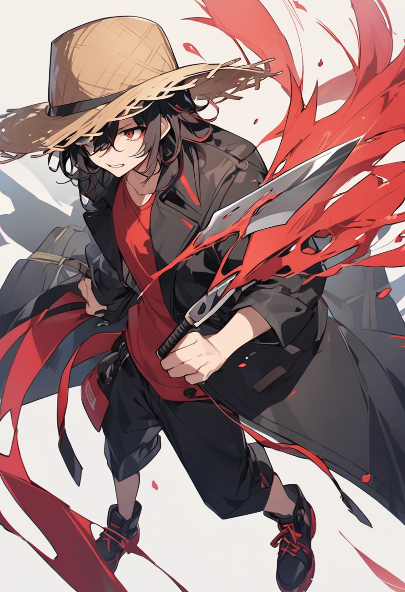 
Red paper black coat、Straw hat man、knife