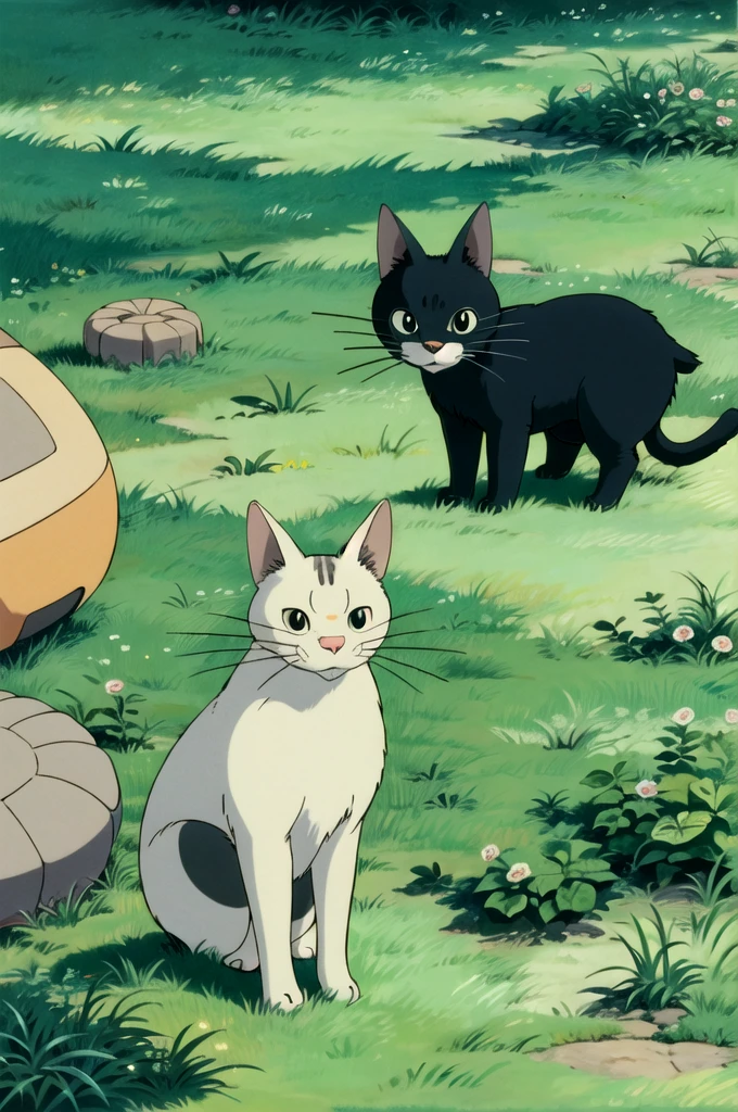 (((ghibli style))),animal,A cat sitting on the grass