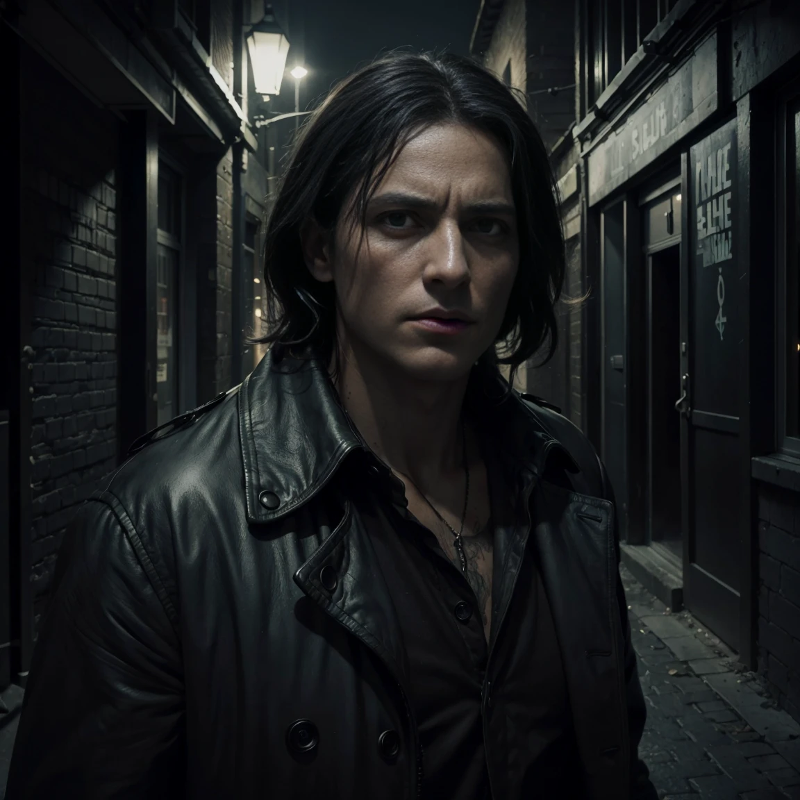 a man in a dark alley, Constantino, mourning the death of his partner, beautiful detailed eyes, beautiful detailed lips, extremely detailed eyes and face, long eyelashes, despair and anguish on his face, tattered trench coat, dark urban environment, changing lighting, Cinematic atmosphere, (Best Quality,4k,8k,High resolution,masterpiece:1.2),ultra detailed,(realist,photorealist,photo-realist:1.37),dramatic lighting, brave realism, dark fantasy, supernatural, horror