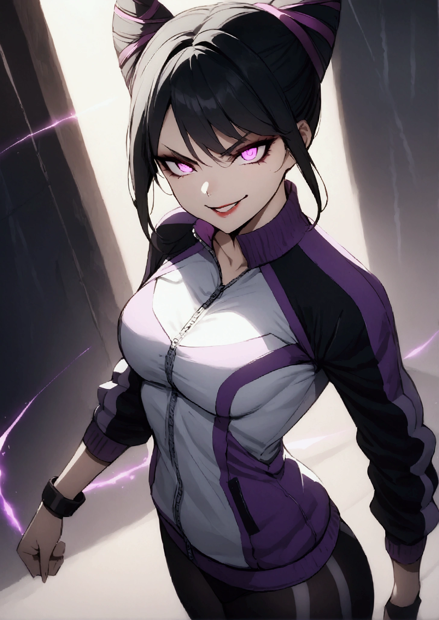 beautiful young fitness woman with , in a gym wearing May with black pantyhose, tight white and purple gym jacket. standing alone,hair horns,glowing purple eyes,Evil smile,legging preto ,labiaa,dark eye shadow,shining eyes,energy around,might
