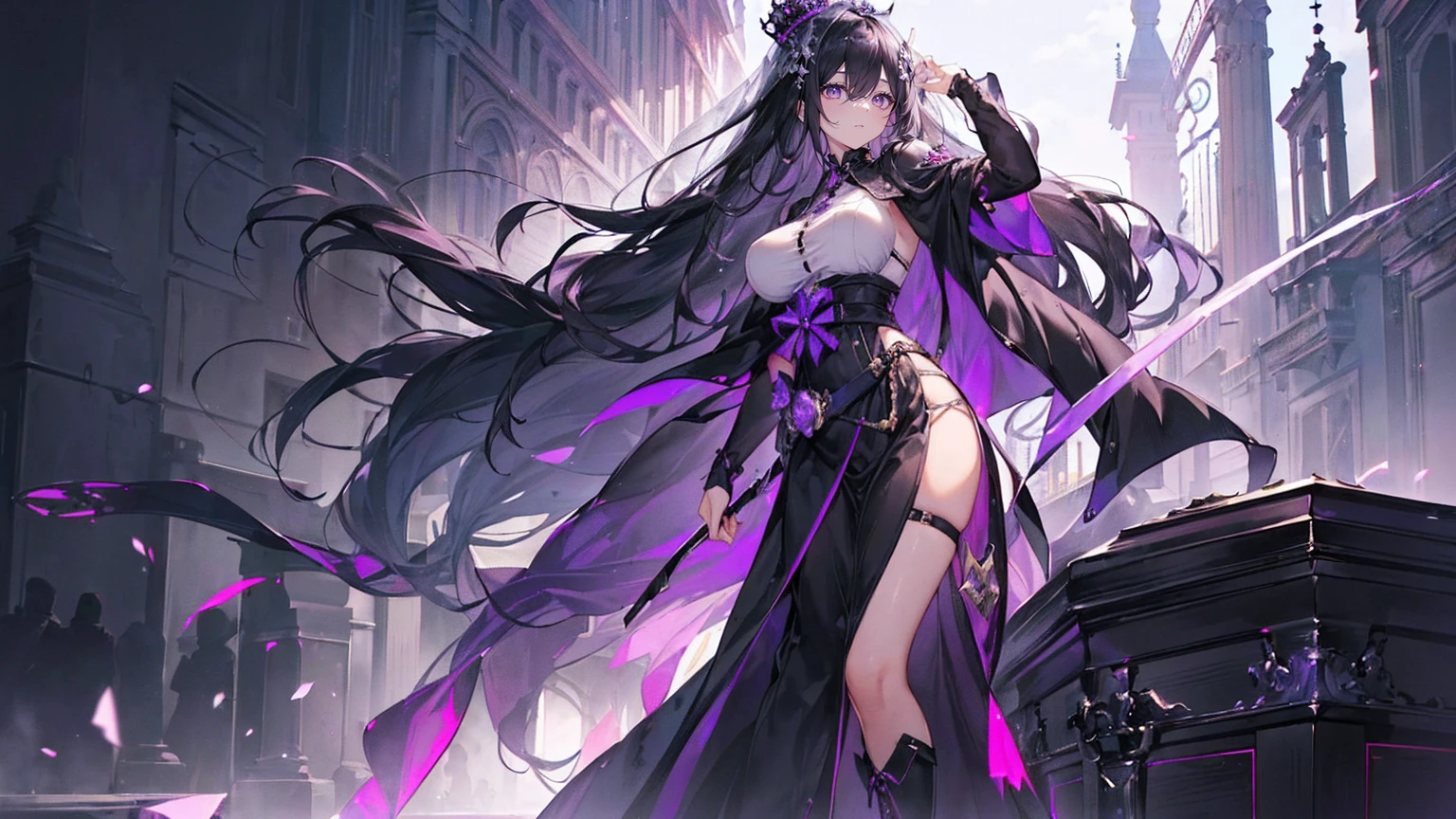 (Super detailed)),((illustration)),((masterpiece)),(((need))),((fine、Highest quality CG Unity 8K wallpapers,masterpiece),((4K,masterpiece,best quality)),Mummy Queen with Long Black Hair,Waist-length hair,Royal sister,Sexy,Long legs,Huge Breasts,Tall figure,Lilac eyes,Standing next to a coffin,全身缠着bandage,bandage,Mature,Hair Bunch,Hair tied on both sides,Black and purple French vintage clothing,Gorgeous pure black cape,whole body covered by clothing,Black veil,Purple-white halo,Black purple boots,Wearing a crown on the head,Holding a knight's sword,pyramid,Emitting dim purple light,Brilliant palace,Mysterious symbols,individual,Emit a dim light,Full body picture