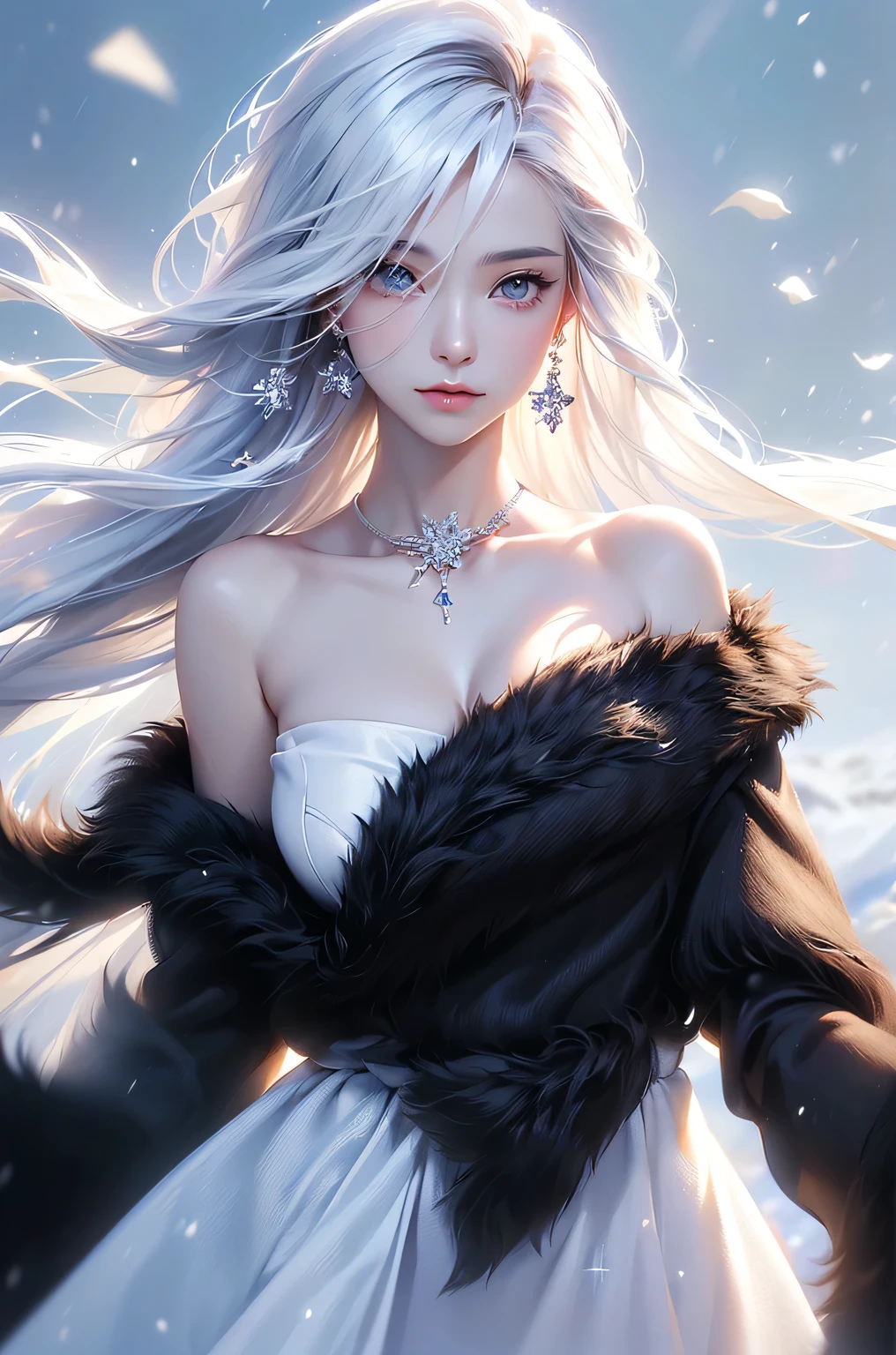 ((masterpiece:1.5、8k、Tabletop、Photorealistic and very detailed CG、Very detailed、Particle Effects、Dynamic Effects、Shallow depth of field、Cinematic Light、Lens flare、Ray Tracing、Tabletop、Realistic:1.4、Ultra-high resolution:1.2、Realistic、Realistic))((alone、,A woman wearing a black fur coat over an off-the-shoulder knitted sweater:1.4、Elegant woman posing、Detailed face、brightexpression、young, bright, Whiter skin、Medium chest、Beautiful cleavage、Best Looks、ASİAN、Ultimate beauty、bright and shiny hair,、Super long, Silky straight hair、Hair dancing in the wind))(morning、The setting is outdoors in the snow、Crystal of snow)((shiny white hair))