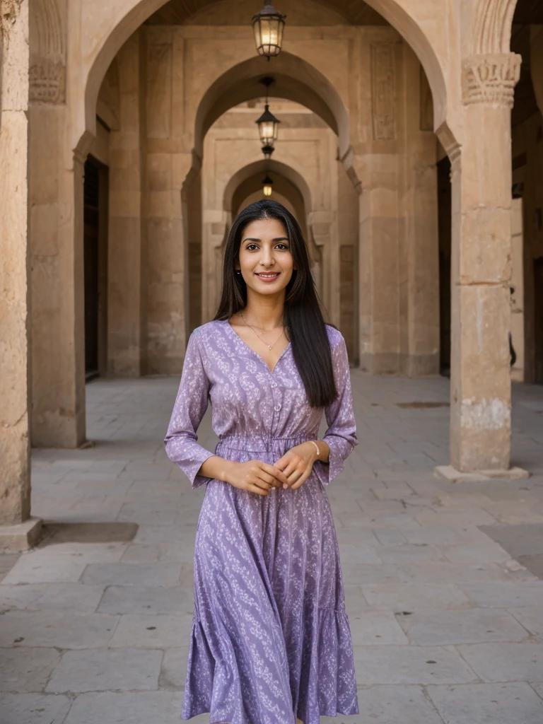 Rania, 1girl, solo, ((Egyptian woman)), consistent face and body, ((MILF)), ((30 years old)), (mature), ((slim)), ((Egyptian face)), (Egyptian nose), (Egyptian lips), long straight hair, upper body and upper legs, (background: overlooking Al Fahidi Historic District (Al Bastakiya)), BREAK, (wearing light-purple printed spring dress), smirking, teasing