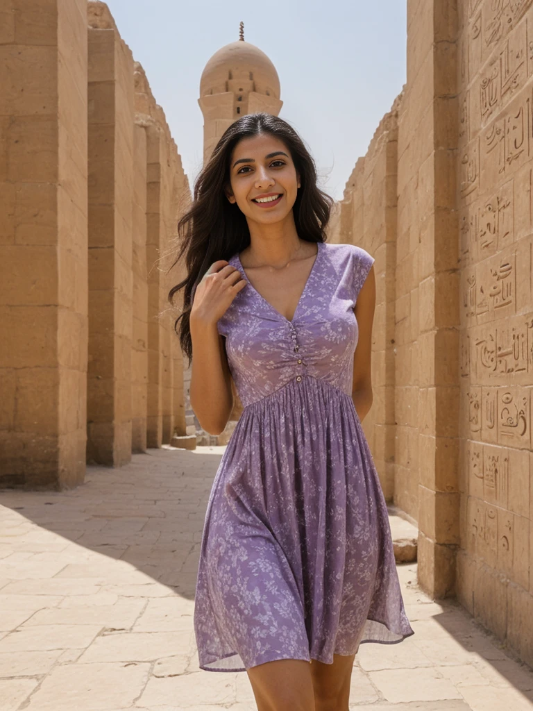Rania, 1girl, solo, ((Egyptian woman)), consistent face and body, ((MILF)), ((30 years old)), (mature), ((slim)), ((Egyptian face)), (Egyptian nose), (Egyptian lips), long straight hair, upper body and upper legs, (background: overlooking Al Fahidi Historic District (Al Bastakiya)), BREAK, (wearing light-purple printed spring dress), smirking, teasing