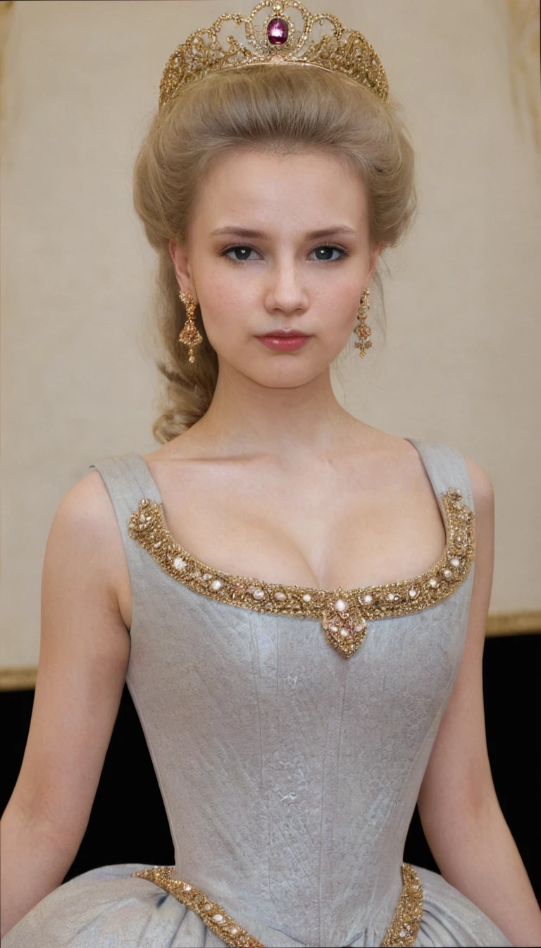 Front view , standing pose,  looking at camera, Russian girl, 18 age old, (Blond hair, middle hair ,  wince, Gray eyes, beautiful lip,  serious),  gold crescent earrings, gold neckless, (big breasts, slender whist, wide hip, real public hair) ,(Rococo 18the century dress) , (gold earing , peal neckless. tiara with Dimond), on floor in Palace, in Moskva, textured skin , HI detailed skin, (foreshortening, Canon, UHD, anatomically correct,  super detail, high details, highness, 