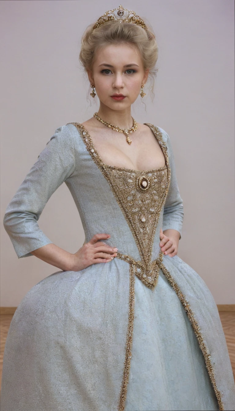 Front view , standing pose,  looking at camera, Russian girl, 18 age old, (Blond hair, middle hair ,  wince, Gray eyes, beautiful lip,  serious),  gold crescent earrings, gold neckless, (big breasts, slender whist, wide hip, real public hair) ,(Rococo 18the century dress) , (gold earing , peal neckless. tiara with Dimond), on floor in Palace, in Moskva, textured skin , HI detailed skin, (foreshortening, Canon, UHD, anatomically correct,  super detail, high details, highness, 