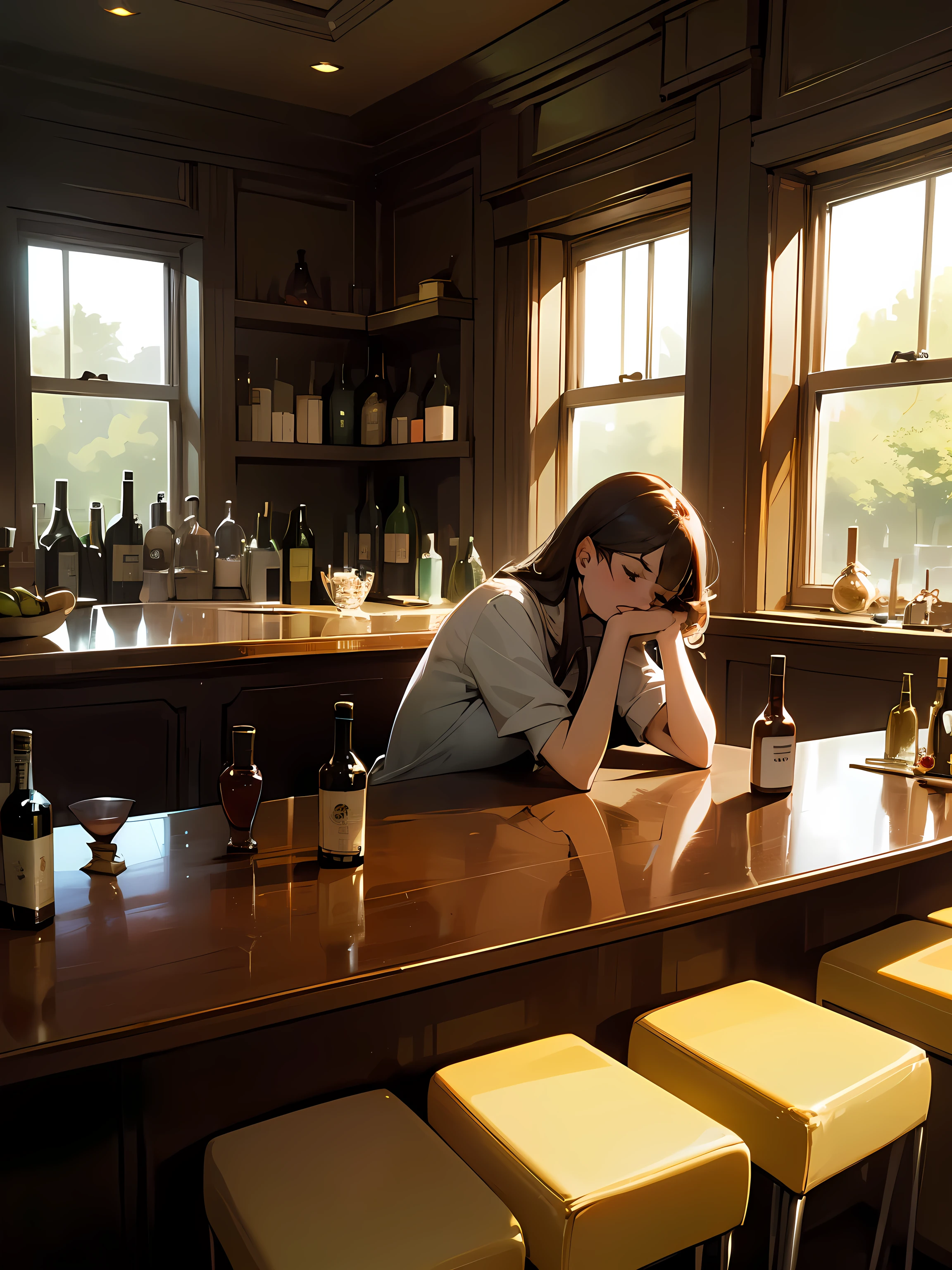 A drunk lady who has had too much alcohol, many empty wine glasses, many liquor bottles, a counter bar, a morning window, sunlight, an empty image,