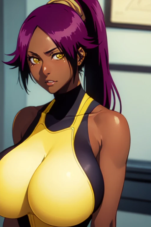 (Highest quality,An unparalleled masterpiece:1.4),Ultra-Detailed CG 4K,(Huge breasts:1.8)Adult、One girl, High resolution, Winner of numerous awards, Highest quality, expensive、bodysuit, black bodysuit, bare arms, bare shoulders, yoruichi shihouin, long hair, (yellow eyes:1.5), ponytail, purple hair, dark skin, dark-skinned female,
