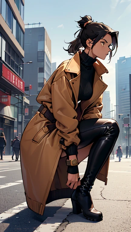 (detailed), (((normal girl))), (Arabic characteristics), ((brown sheepskin jacket)), ((pelo negro rizado ponytail hairstyle)), ((ponytail hairstyle)), (calm face), ((by the width)), ((black high boots)), (((whole body))), ((in the middle of the city leaning on a building), ((woman)), (black turtleneck sweater), ((only one person)), (at midday)