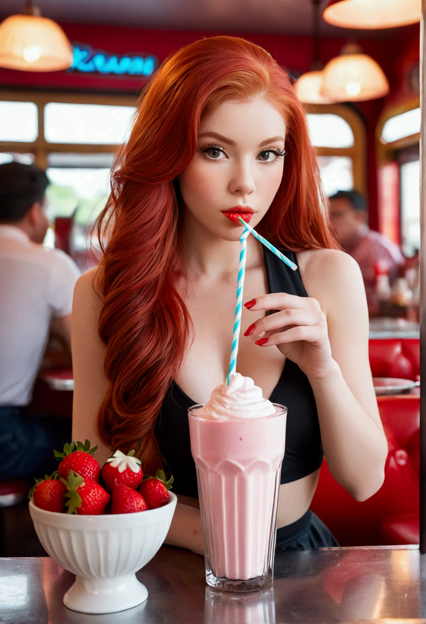 ultra realistic, photography, long red hair, girl, 24 years old, hourglass figure, perfect body, small breasts, Flirty look, extremely detailed artgerm, in the style artgerm, facing the camera, lens 35 mm, blur background, in a 60s diner, sitting at a table, drinking strawberry milkshake through a straw, cheerleader outfit, sensual lips