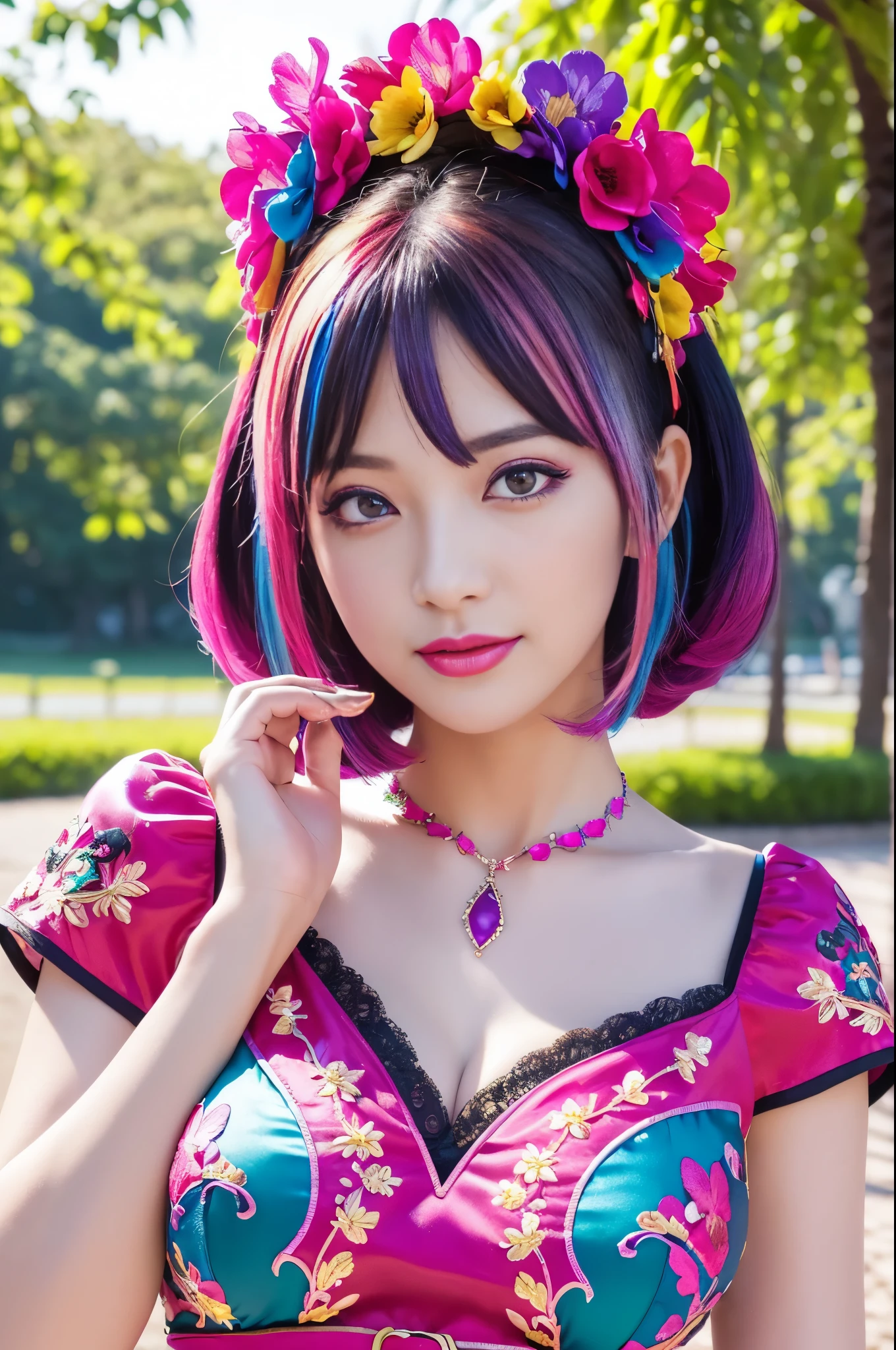 (masterpiece:1.4), (best quality:1.4), ultra high res, ultra high resolution, ((ultra detailed facial features)), HDR, (realistic, photorealistic, photo-realistic:1.37), full body Esbian, sexy Swedish model, (-anime), vivid colors, ((vivid colors multicolor (fuchsia, pink, light blue, purple) very short hair)), (seductive smile), ultra detailed metallic makeup, lip-gloss, long lashes, defined eyebrows, wearing large sparkling colorful jewelery, wearing a red silk Paradise Kiss cosplay dress with black floral embroidery, ((vivid colors outfit)), vivid colors, look at the camera, cinematic light, large park background with trees, sweet and sexy pose