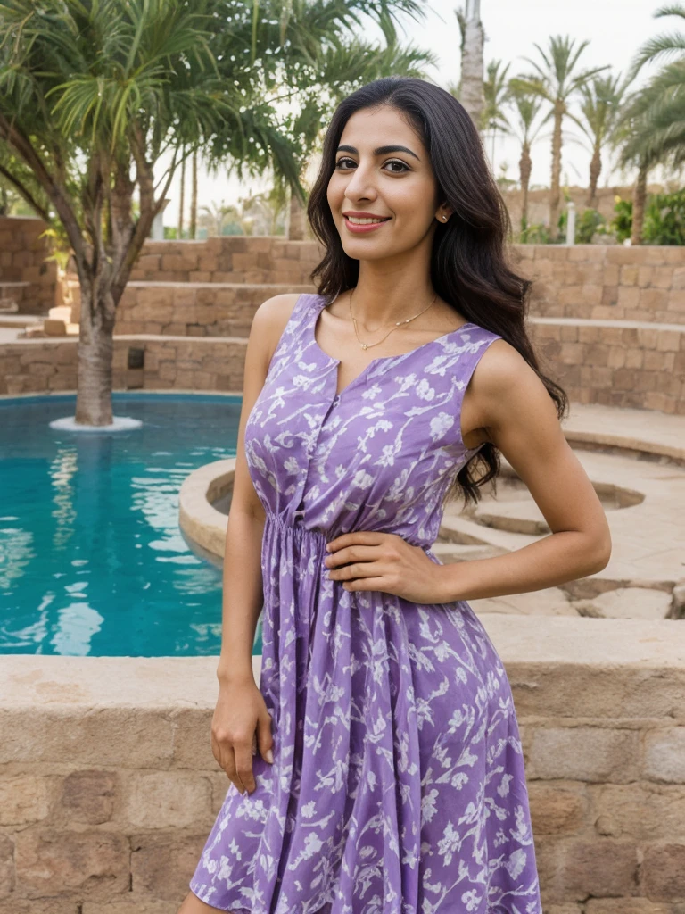 Rania, 1girl, solo, ((Egyptian woman)), consistent face and body, ((MILF)), ((30 years old)), (mature), ((slim)), ((Egyptian face)), (Egyptian nose), (Egyptian lips), ((long straight hair)), upper body and upper legs, (background: overlooking Aquaventure Waterpark), BREAK, (wearing light-purple printed spring dress), smirking, teasing
