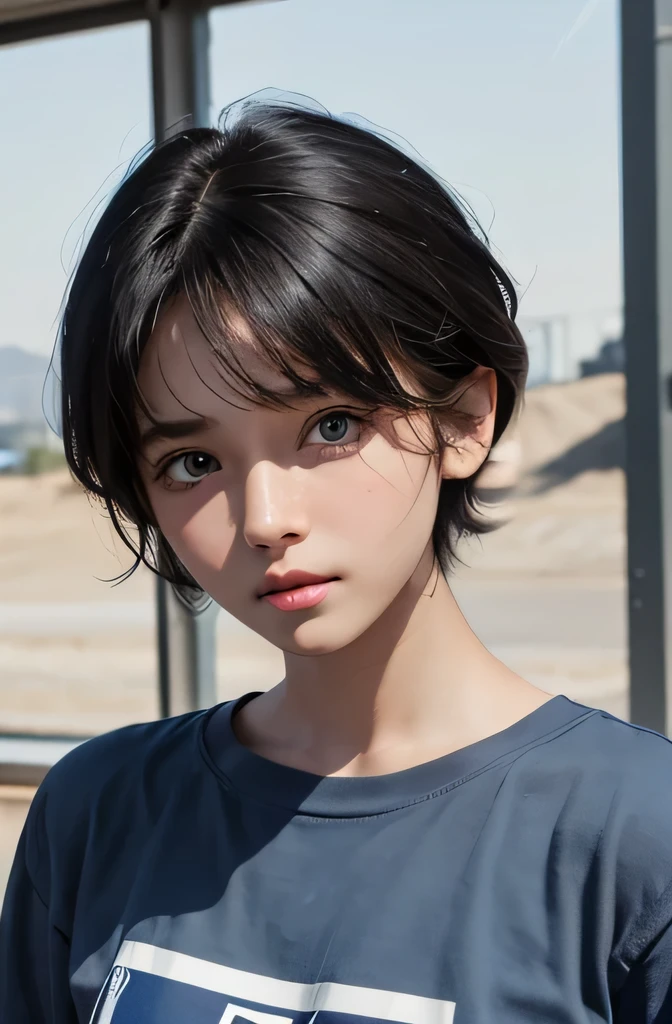 Highest quality、Highest quality、Professional portrait、Science fiction、My name is Ilya Haas.、16-year-old female、Jewish appearance、Black Hair、Short Hair、Blue Eyeature look、He has excellent grades in high school, but he helps his parents with manual labor.、Tshirt、cargo pants