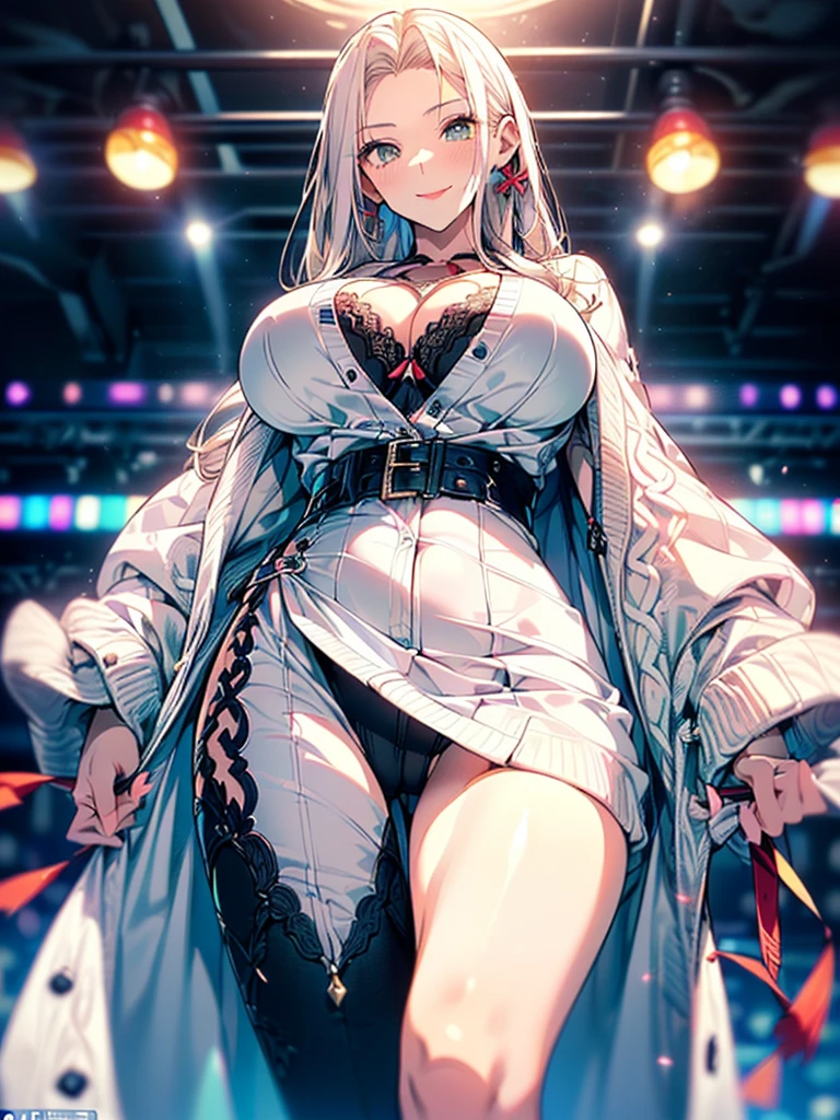 ((A young woman wears a sexy white dress:1.3, cable cardigan:1.3, close-up of chest:1.37, sexually seductive:1.3)), Mature woman with long hair and white dress, white military uniform, red ribbon, Knee-length boots, green eyes, White hair, green inside, full body, great details, beautiful anime illustrations, 26 years old, Take a break, ((milf:1.5, alone:1.5)), (NRF:1.25), (Sagging breasts, refuge chest, big , Thin waist, big ass:1.2), Increase sexiness, (Ultra high resolution, ภาพถ่าย RAW 8k, Realistic picture, Thin outline:1.3, Focus clearly, best quality, natural light, Textile shading, clear background, depth of field, (Bright pupils:1.2, Beautiful, detailed eyes with highlights.:1.3, Highly detailed eyes, Highly detailed face), red lips, Good realistic skin:1.1, look at the audience:1.3, (Dynamic angle:1.3, Focus Target:1.3, from below:1.4), (Many poses:0.0, sexy pose:1.3, นั่ง with opening legs shaped M:1.5), (charming, Smile sexy too.:1.4), The picture in the middle:0.2, (Wearing a long blue coat, translucent lace stockings), (((correct anatomy:1.5))), ((perfect hand:1.5, Ideal body proportions:1.37))