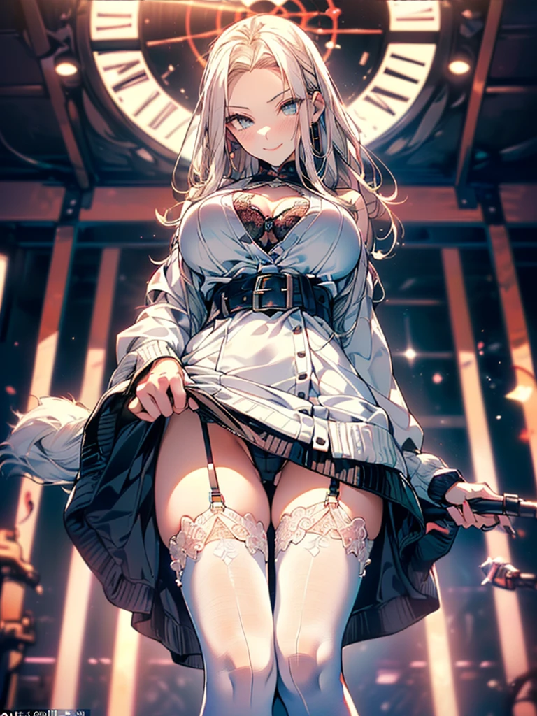 ((A young woman wears a sexy white dress:1.3, cable cardigan:1.3, close-up of chest:1.37, sexually seductive:1.3)), Mature woman with long hair and white dress, white military uniform, red ribbon, Knee-length boots, green eyes, White hair, green inside, full body, great details, beautiful anime illustrations, 26 years old, Take a break, ((milf:1.5, alone:1.5)), (NRF:1.25), (Sagging breasts, refuge chest, big , Thin waist, big ass:1.2), Increase sexiness, (Ultra high resolution, ภาพถ่าย RAW 8k, Realistic picture, Thin outline:1.3, Focus clearly, best quality, natural light, Textile shading, clear background, depth of field, (Bright pupils:1.2, Beautiful, detailed eyes with highlights.:1.3, Highly detailed eyes, Highly detailed face), red lips, Good realistic skin:1.1, look at the audience:1.3, (Dynamic angle:1.3, Focus Target:1.3, from below:1.4), (Many poses:0.0, sexy pose:1.3, นั่ง with opening legs shaped M:1.5), (charming, Smile sexy too.:1.4), The picture in the middle:0.2, (Wearing a long blue coat, translucent lace stockings), (((correct anatomy:1.5))), ((perfect hand:1.5, Ideal body proportions:1.37))