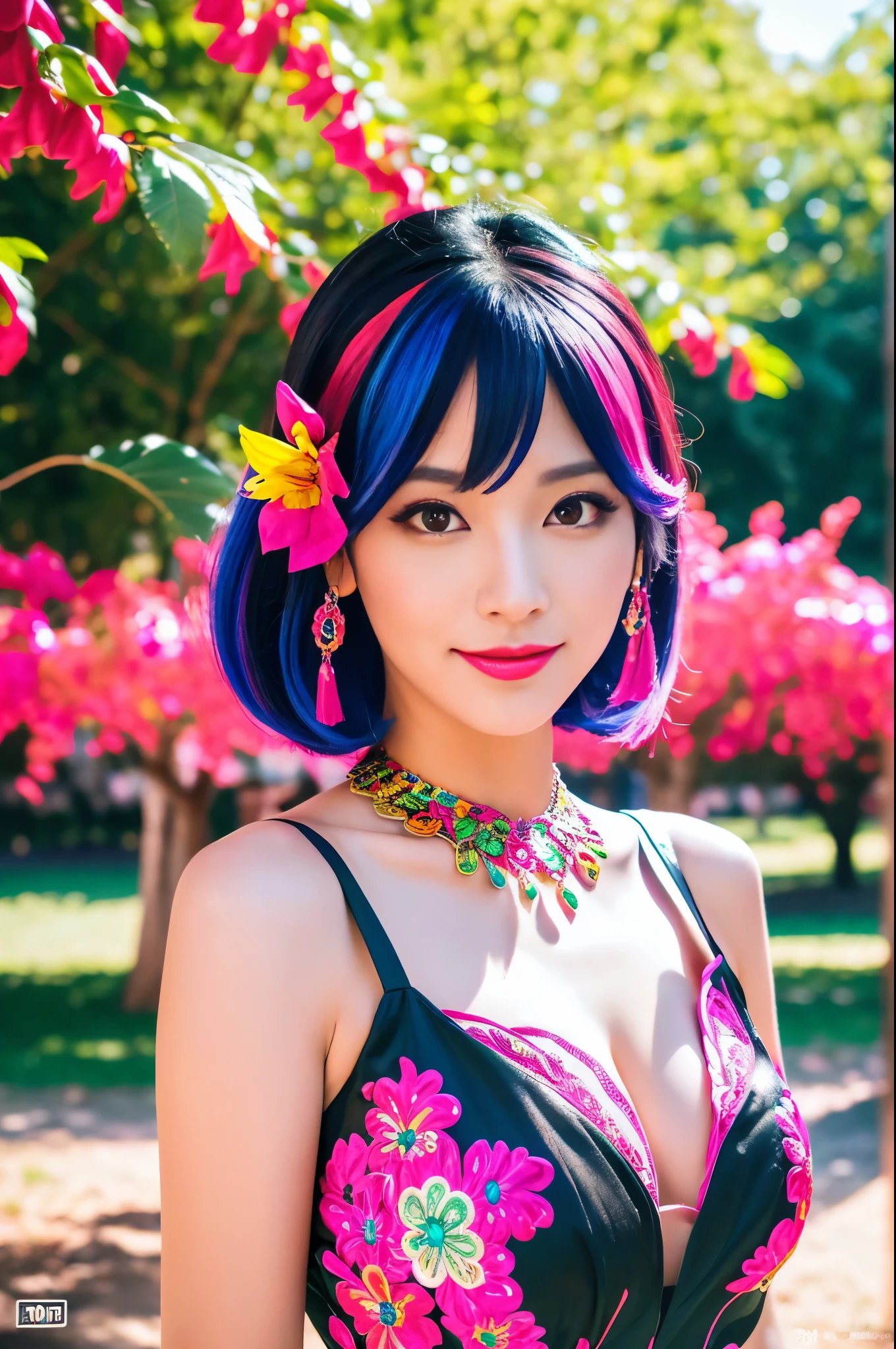 (masterpiece:1.4), (best quality:1.4), ultra high res, ultra high resolution, ((ultra detailed facial features)), HDR, (realistic, photorealistic, photo-realistic:1.37), full body Esbian, sexy Asian woman, vivid colors, ((vivid colors multicolor (fuchsia, pink, light blue, purple) very short hair)), (seductive smile), ultra detailed metallic makeup, lip-gloss, long lashes, defined eyebrows, wearing large sparkling colorful jewelery, wearing a red silk Paradise Kiss cosplay dress with black floral embroidery, ((vivid colors outfit)), vivid colors, look at the camera, cinematic light, large park background with trees, sweet and sexy pose