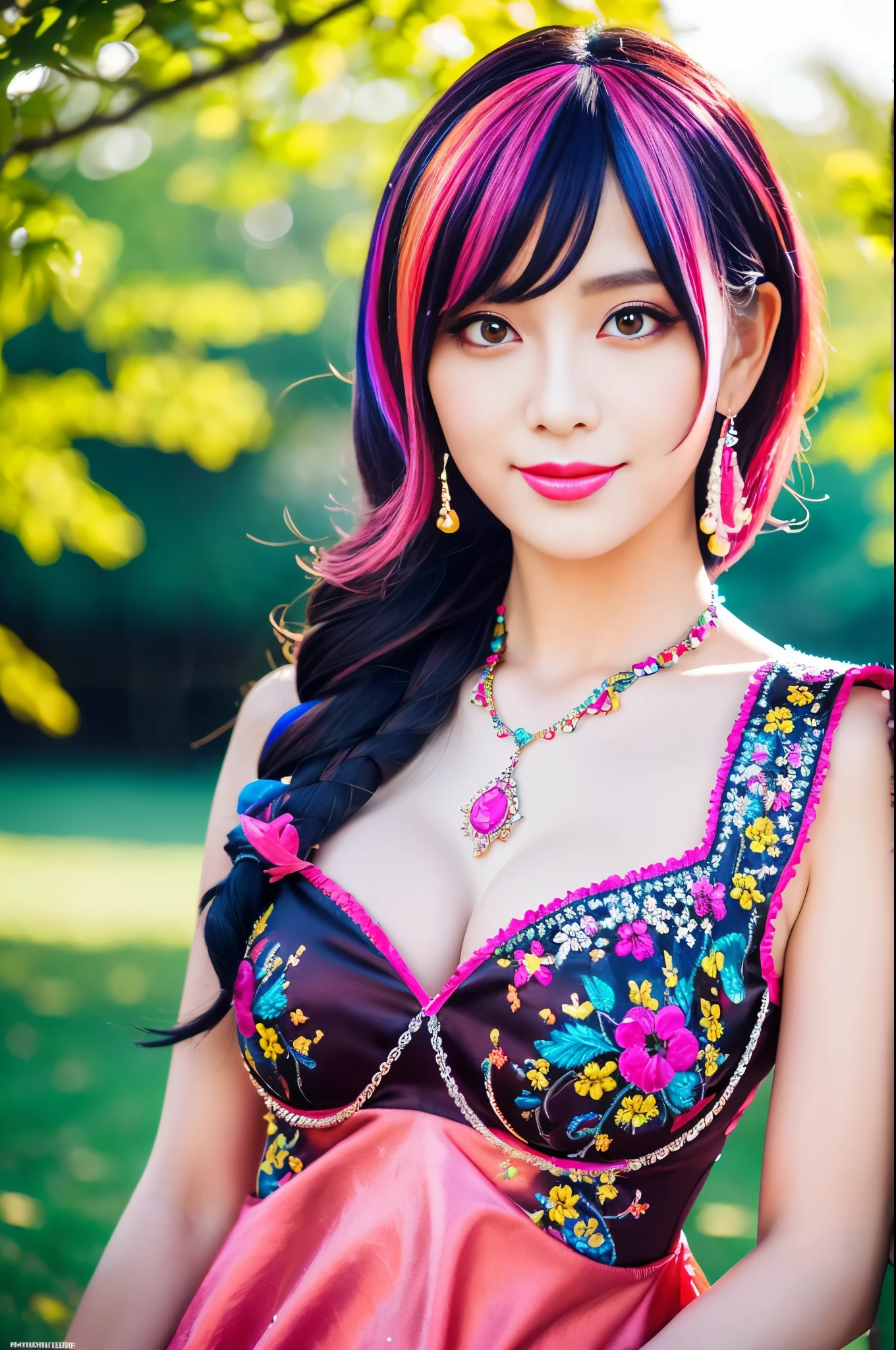 (masterpiece:1.4), (best quality:1.4), ultra high res, ultra high resolution, ((ultra detailed facial features)), HDR, (realistic, photorealistic, photo-realistic:1.37), full body Esbian, sexy Asian woman, vivid colors, ((vivid colors multicolor (fuchsia, pink, light blue, purple) very short hair)), (seductive smile), ultra detailed metallic makeup, lip-gloss, long lashes, defined eyebrows, wearing large sparkling colorful jewelery, wearing a red silk Paradise Kiss cosplay dress with black floral embroidery, ((vivid colors outfit)), vivid colors, look at the camera, cinematic light, large park background with trees, sweet and sexy pose