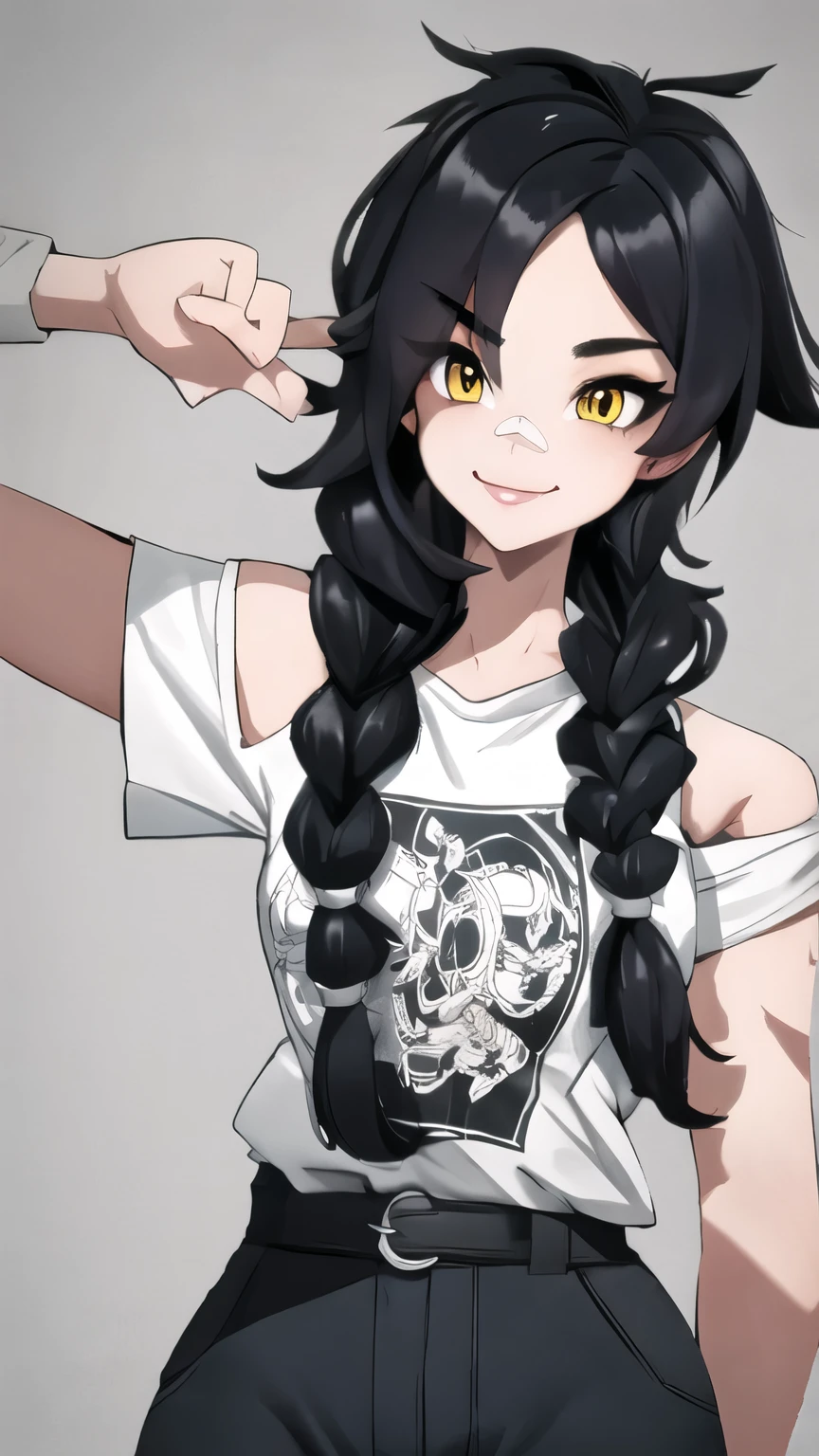 1girl, solo, ultra long hair, looking at viewer, black hair, bandaid on face, yellow eyes, smile, bandaid on nose, braid, bandaid, ultra detailed face, masterpiece, bangs, breasts, bare shoulders, scar, shirt, bare shoulders, white shirt, short sleeves, closed mouth, t-shirt, hair over one eye, portrait, bag, hair over shoulder, shorts, fullbody shot, cute, messy hair