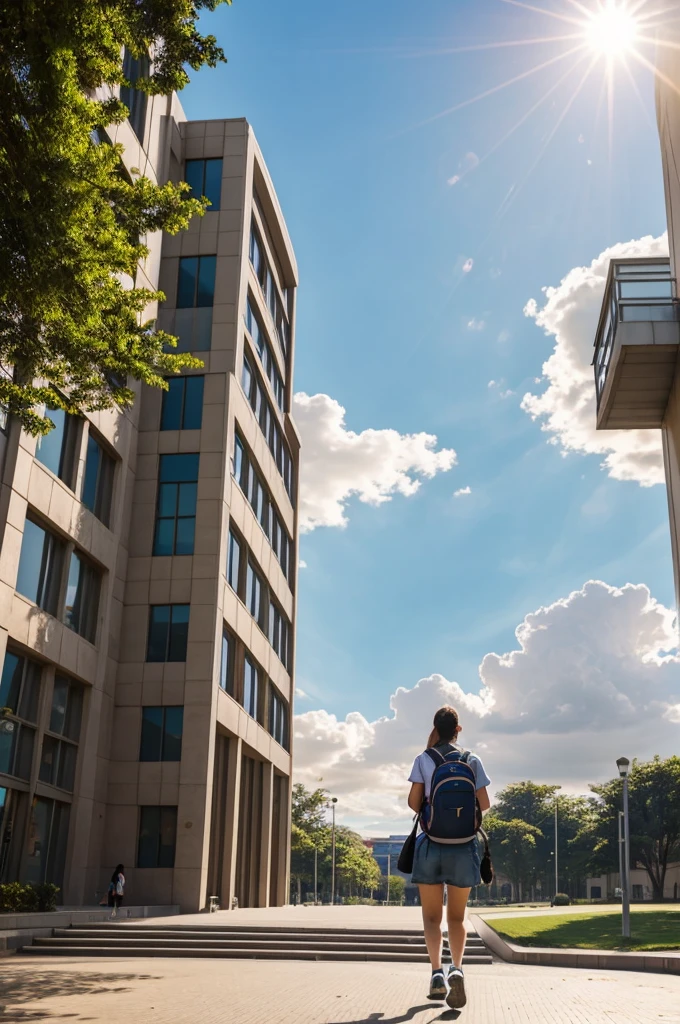A university, a girl standing with a backpack in casual style, that he is looking at the faculty building in the background, some students walking around the place, the clouds in a suitable position with the sun shining from the side at its peak, that the image is not so cartoony and is more humanized