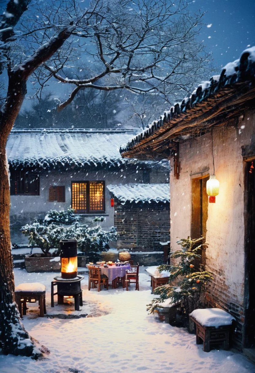 Photo, China 70s，winter，heavy snow，moonlight，Village courtyard，Warm home，patio，chimney，Tree，Happy little ones