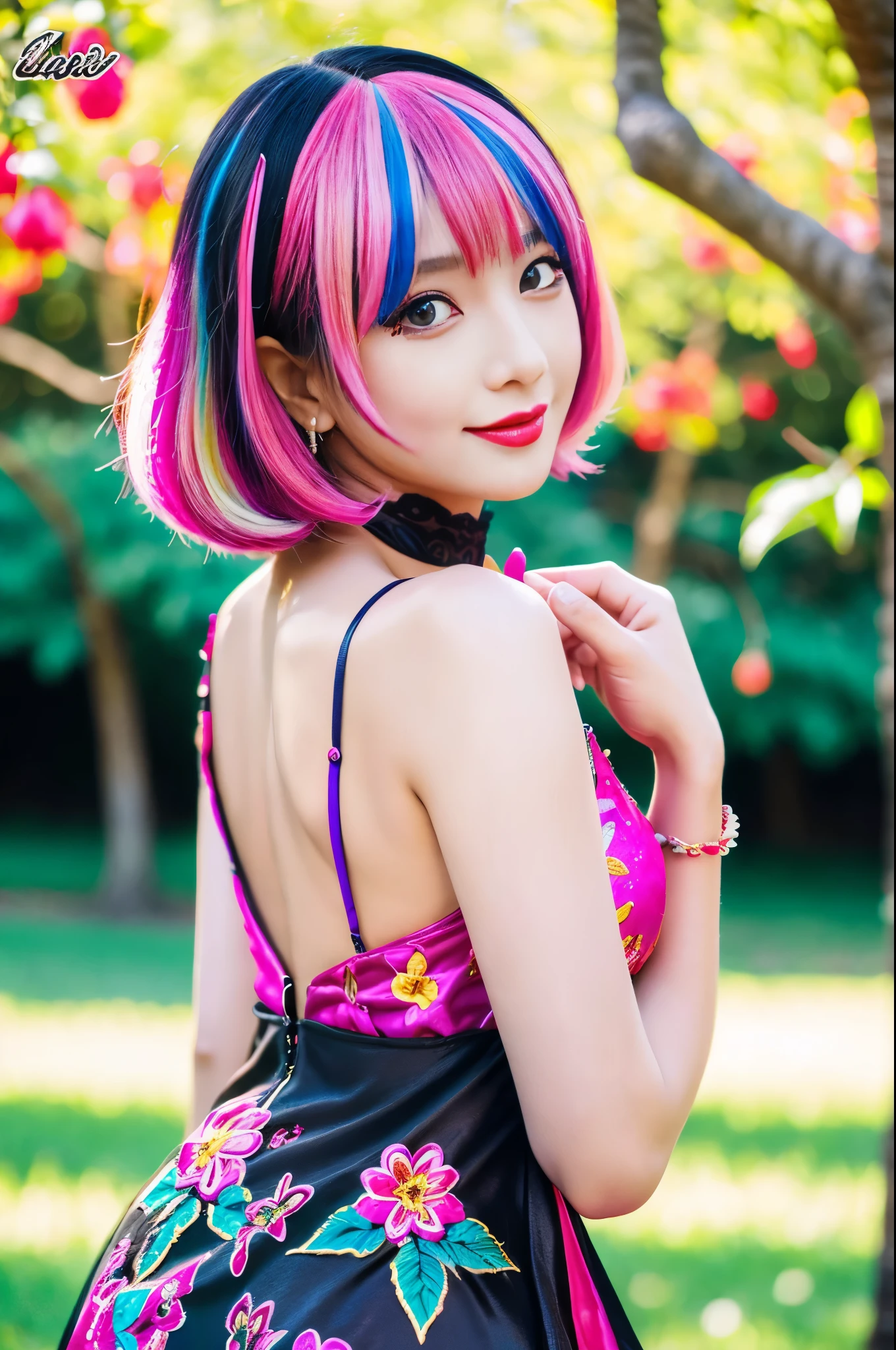 (masterpiece:1.4), (best quality:1.4), ultra high res, ultra high resolution, ((ultra detailed facial features)), HDR, (realistic, photorealistic, photo-realistic:1.37), full body Esbian, sexy Asian woman, vivid colors, ((vivid colors multicolor (fuchsia, pink, light blue, purple) very short hair)), (seductive smile), ultra detailed metallic makeup, lip-gloss, long lashes, defined eyebrows, wearing large sparkling colorful jewelery, wearing a red silk Paradise Kiss cosplay dress with black floral embroidery, ((vivid colors outfit)), vivid colors, look at the camera, cinematic light, large park background with trees, sweet and sexy pose