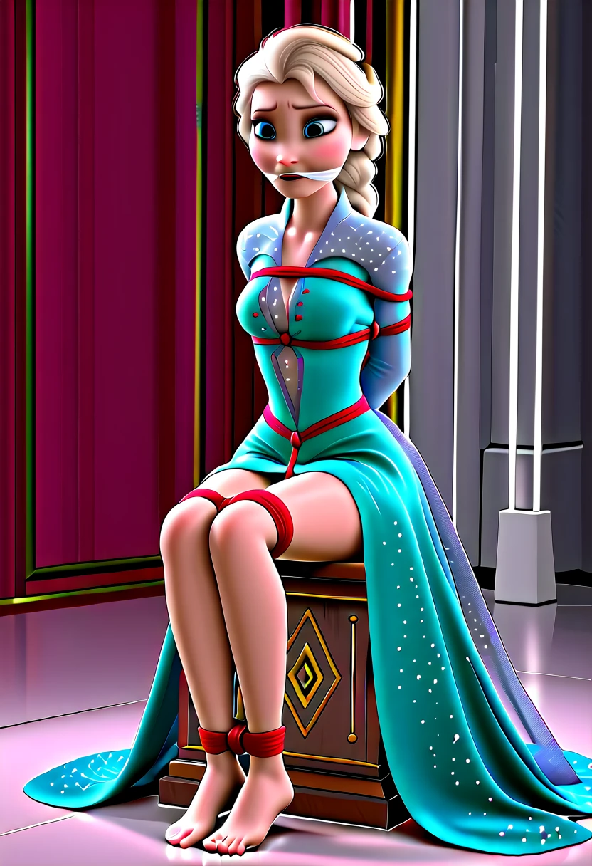 ((Full body photo, standing, on the floor)) Create a visually captivating photorealistic image of a model stylized like Elsa from Disney's "Frozen." The model has a (pale) e that . Her hair, styled into a braided hairstyle with neon highlights woven throughout, features a breathtaking combination of (icy blue) and (icy silver). She wears a charming blue dress, made of luminous silk fabric that shines with every movement. The skirt of the dress is transparent and fits well on the legs. She sits on a throne of stone and ice, tied up, inside a palace made of stone and ice. (Tied with jute rope:2), (tied with lots of rope, ankles tied, legs tied, breasts tied, crotch rope:1,5). Otm gag. The dress features a fitted bodice adorned with snowflake appliqués, creating a mesmerizing icy effect. The flowing skirt, made of layered icy tulle, billows like an icy breeze. Completing her look are neon-accented gloves that glow with an icy glow. Against a dark icy rocky castle backdrop, Elsa's neon ensemble illuminates the scene, capturing her majestic presence and the magical allure of her icy powers. With your camera, a high-resolution mirrorless camera combined with a prime lens, you will capture the model's enchanting beauty and the electrifying energy of her icy costume.