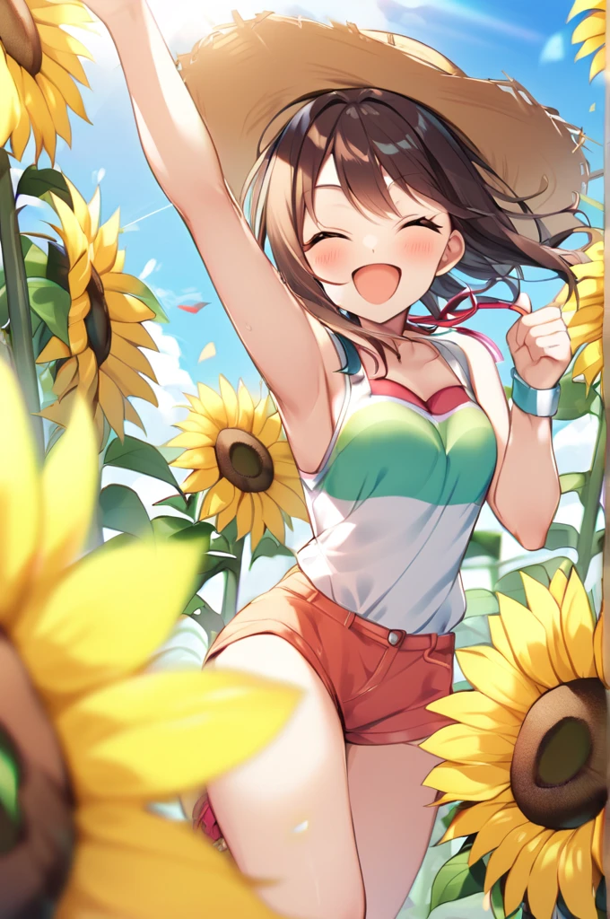 Summer sky、sunflower、Straw hat、Big smile、One Piece Appears、Open your mouth wide、Wink、Bright, Energetic and Active,