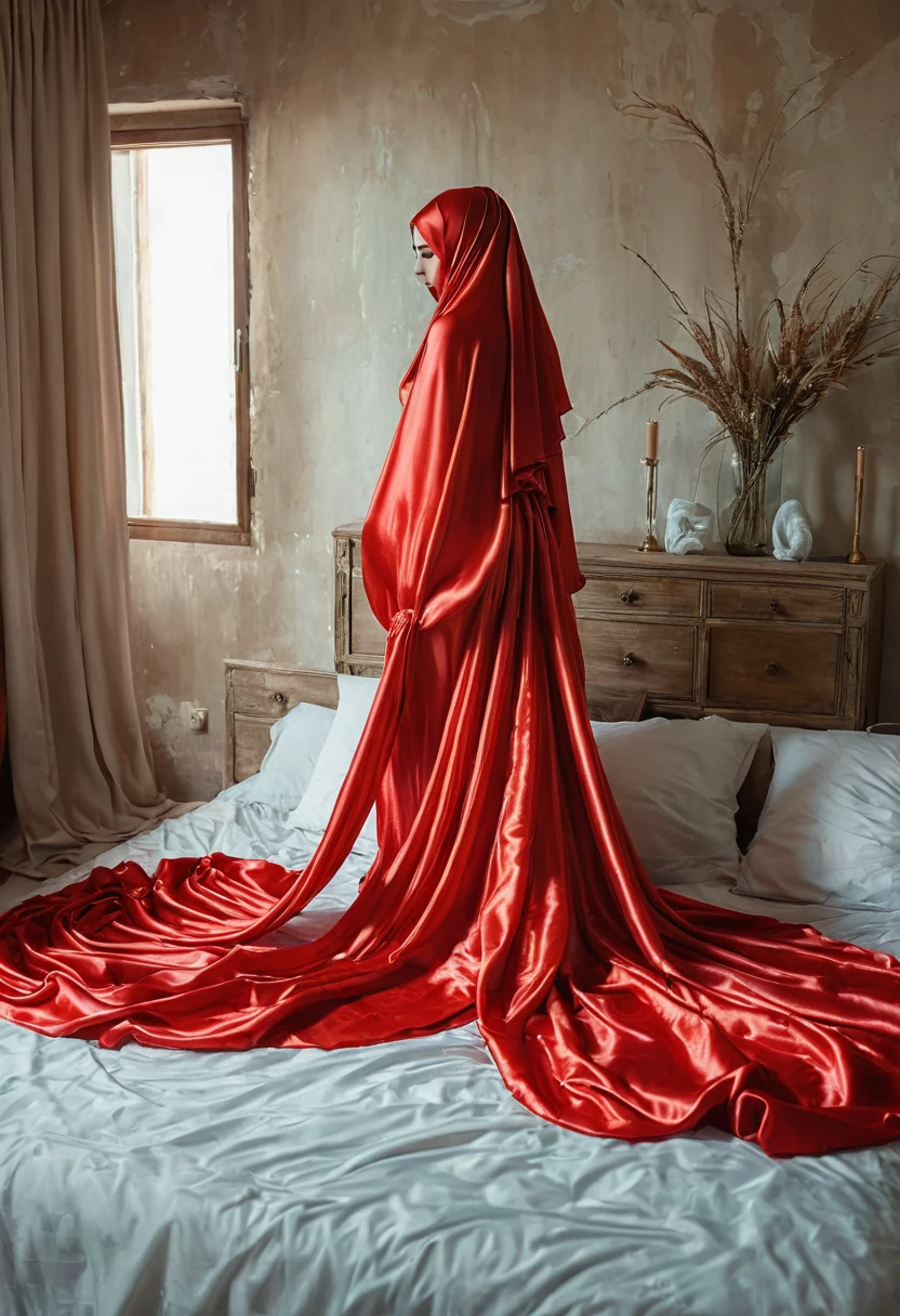 a sexy a woman covered in large red satin cloth, tied tightly with the satin cloth, mummified, the satin hanging down very long, a mermaid style dress, wearing a satin hijab, the satin cloth is very long, forming the curve of the body, flowy satin about 4 meter,full body,masterpice, in bedroom,satin bed,4k resolution, ultra-realistic, highly detail.