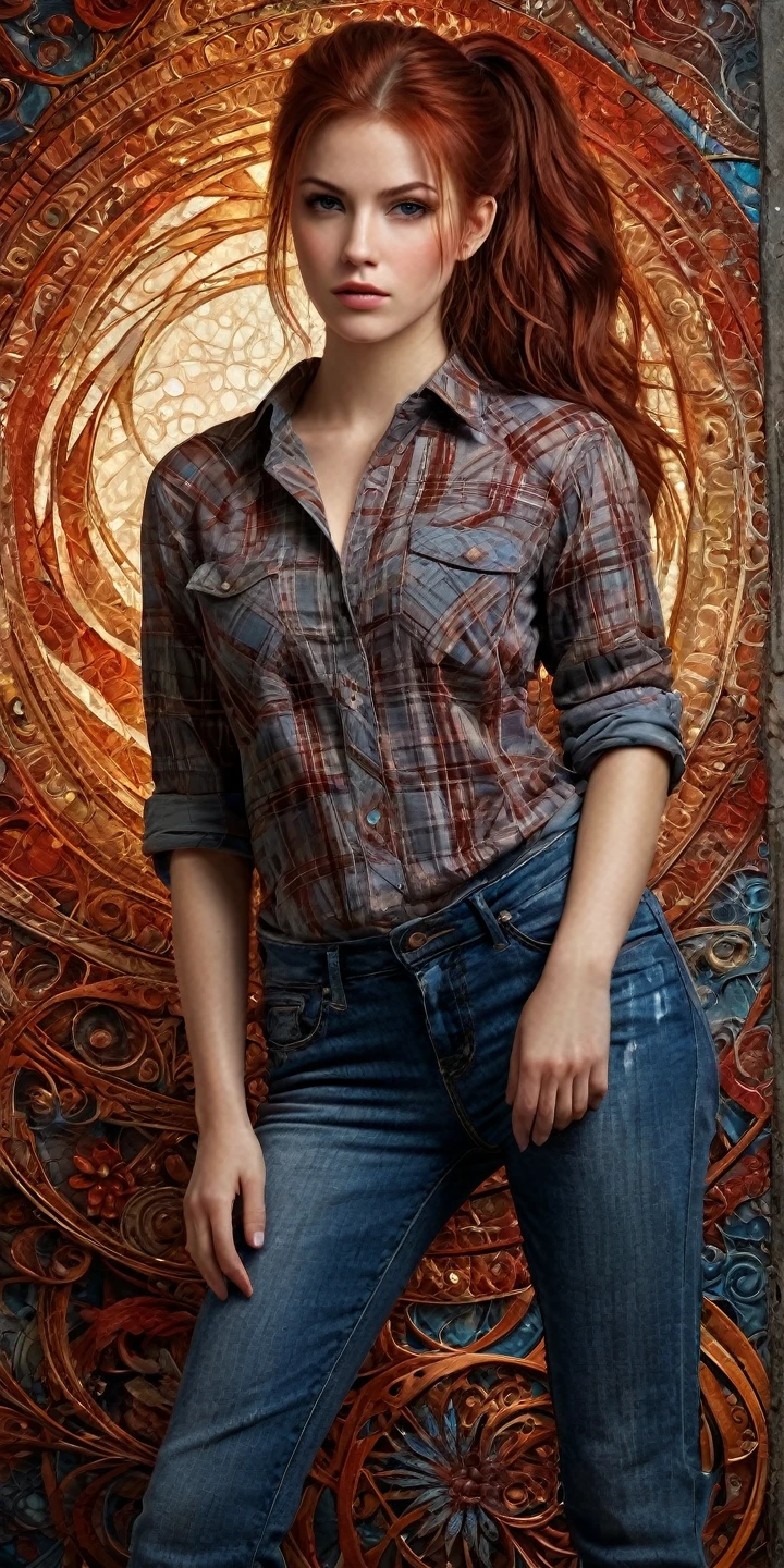 1girl, by Emily Kell and Luis Royo, 27 years old, official art, 8k wallpaper, full length, ultra detailed, beautiful and aesthetic, red hair in ponytail, brown eyes, untucked plaid shirt, jeans, sneakers, A faint smile, masterpiece, best quality, realistic, extremely detailed, dynamic angle, (zentangle, mandala, tangle, entangle), the most beautiful form of chaos, elegant, a brutalist designed, vivid colors, romanticism, plasma flame