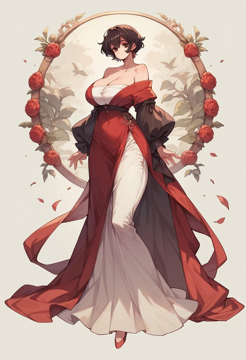 Feminine, Curvy ,Short height, beautiful, pale, big breasts , round face, dark eyes and hair, full body image with a beautiful red long dress