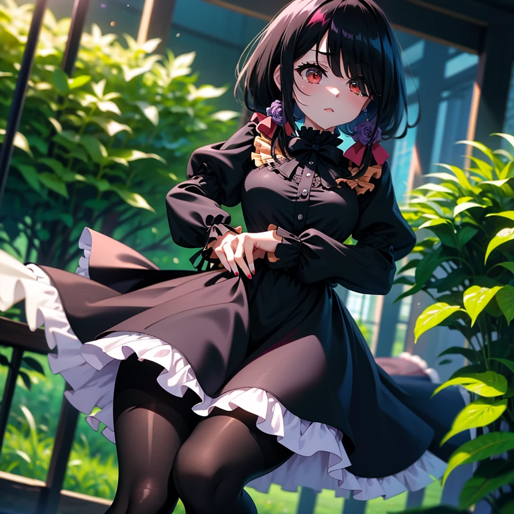 ((8K)), (((assise))), dans un parc, ((pantyhose gris)), ((stockings gris)), ((Chef d'oeuvre)), ((dressed character)), ((bas gris)), ((talons haut)), ((jambes grasses)), ((gros seins)), ((Original clothing)), (qualité d'image très élevée), (finely detailed eyes and detailed face:1.3), (extremely fine and beautiful:1.1), (Perfect details:1.1), KurumiBlack, hair over one eye, low twintails, hair bow, black dress