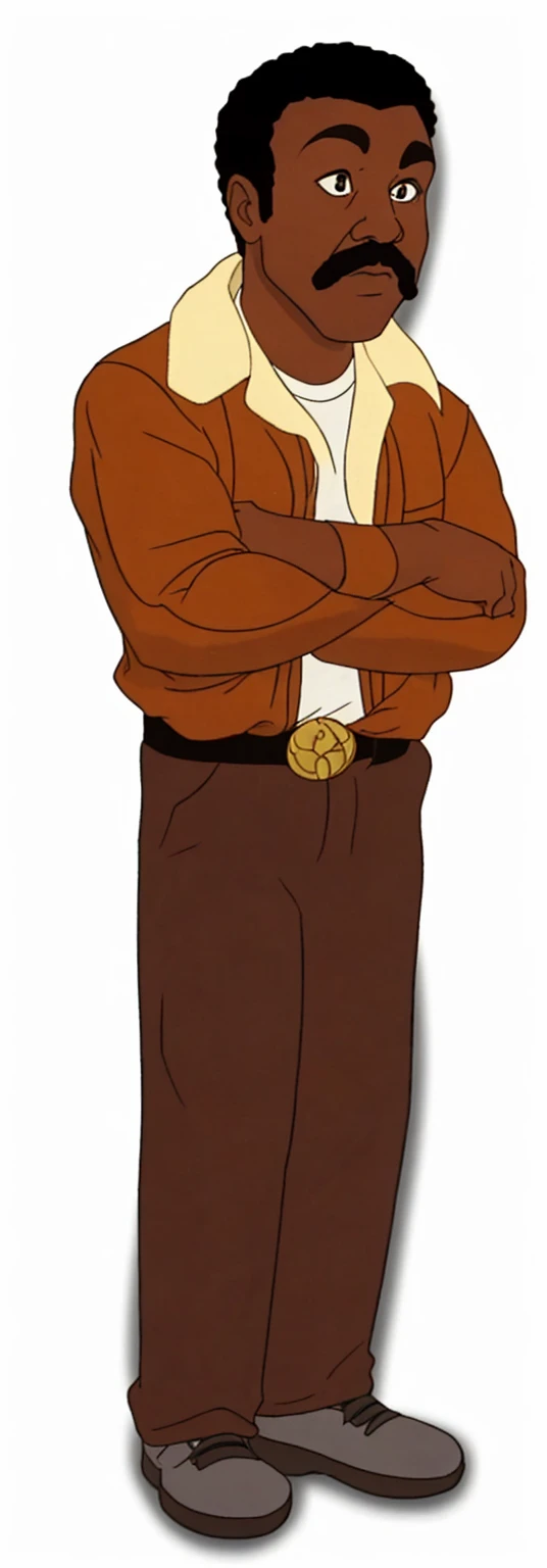 has short, tightly curled hair styled in a rounded shape on top of his head. Looks like Apollo creed from rocky