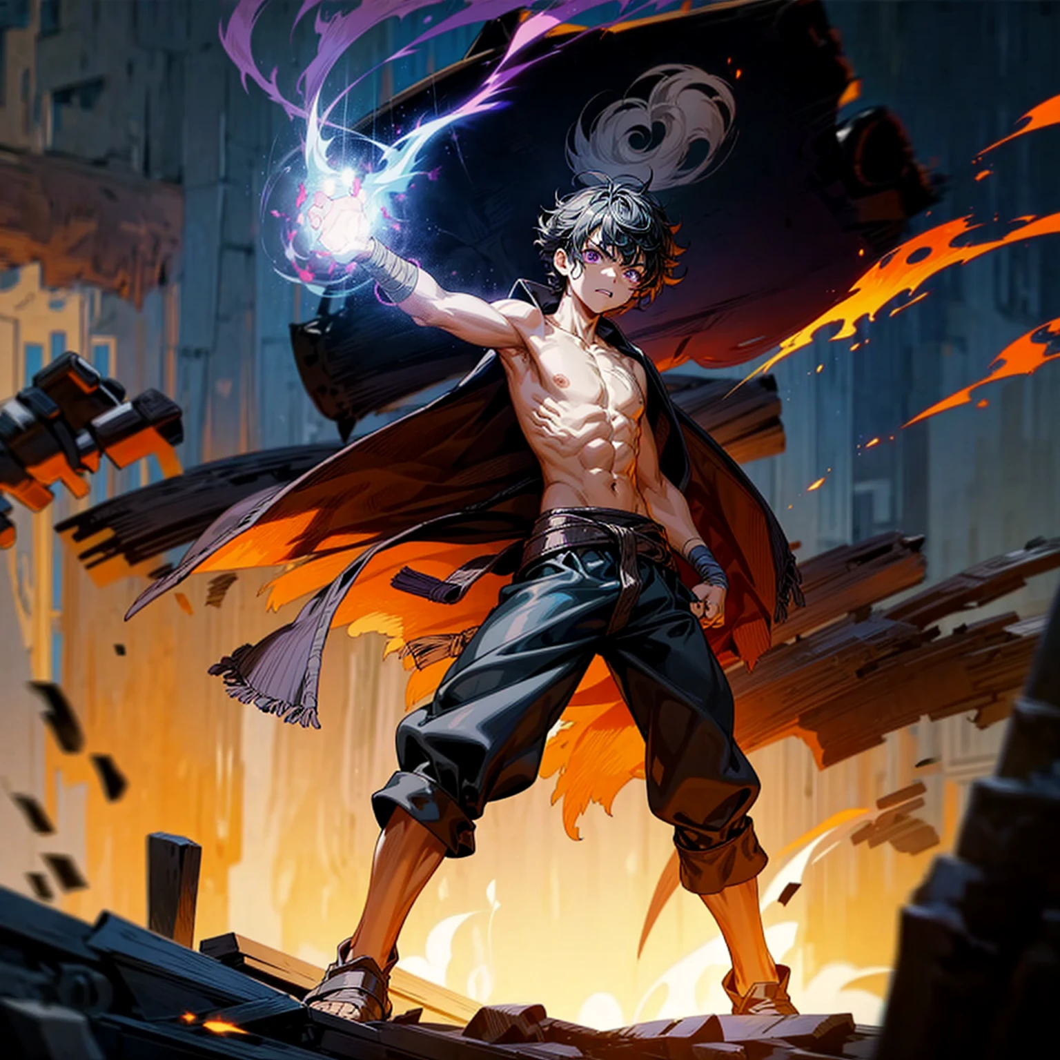 1boy, muscle, Full body version, 1character, purple eyes, short haircut, angry eyes, black color hair, topless, pirate cloak coat, long boots, Grassroots, full background in field town, motion blur, lighting, (one piece art), standing gesture, bandage, smoke effect, big fire burning in hand, plasma effect, Flames in the sky, light fire effect on hand,