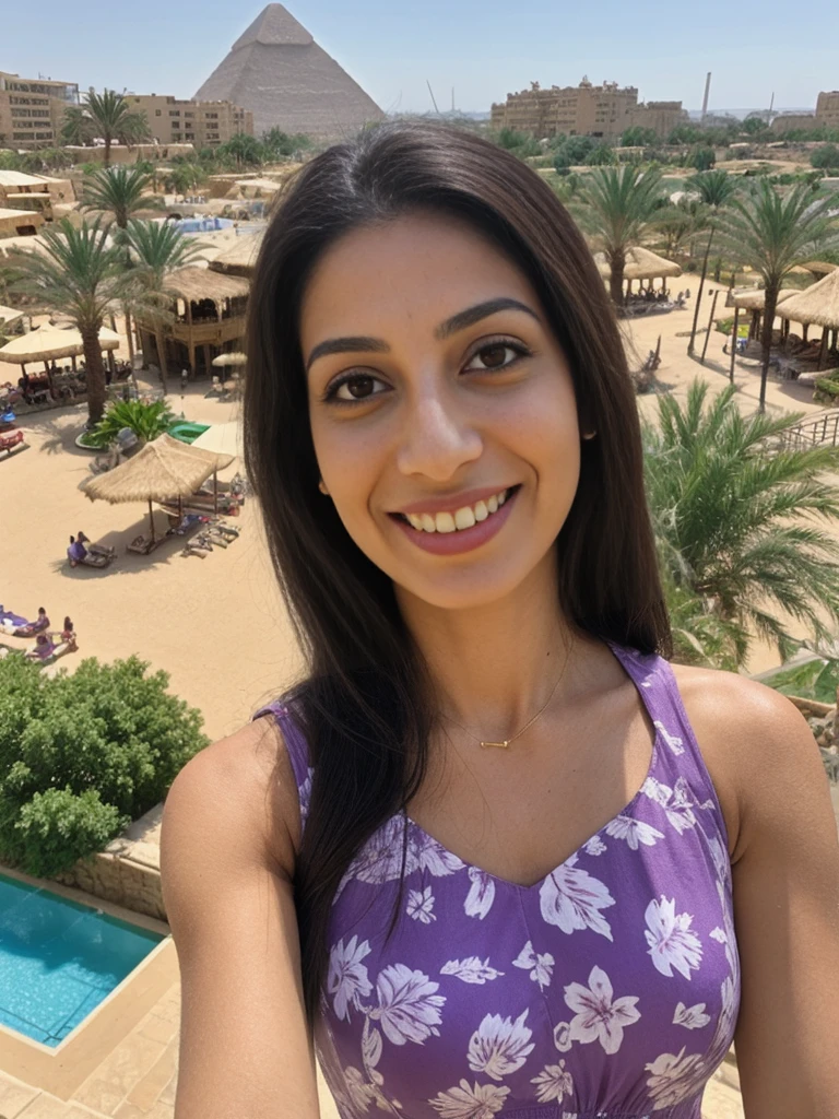 Rania, 1girl, solo, ((Egyptian woman)), consistent face and body, ((MILF)), ((30 years old)), (mature), ((slim)), ((Egyptian face)), (Egyptian nose), (Egyptian lips), ((long straight hair)), upper body and upper legs, (background: overlooking Aquaventure Waterpark), BREAK, (wearing light-purple printed spring dress), smirking, teasing
