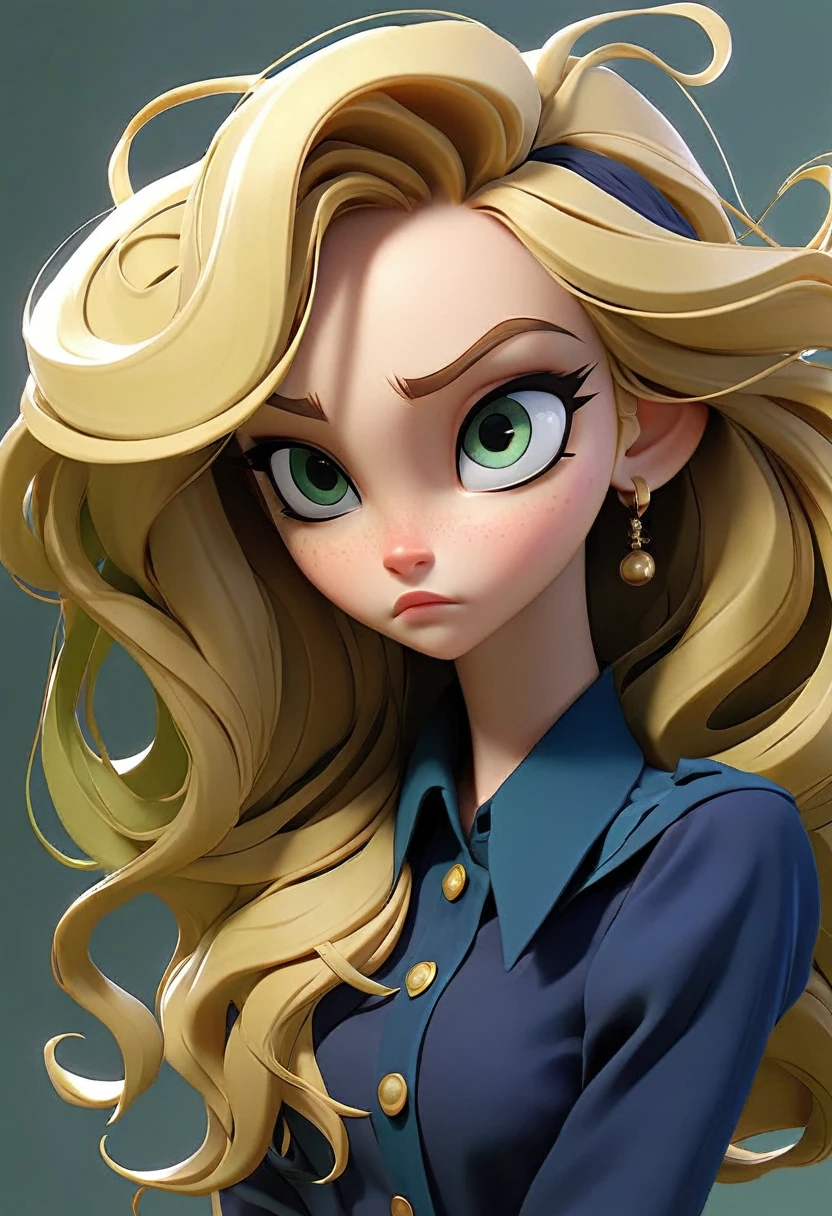 A character with the characteristics: long blonde hair a dark blue blouse with a big forehead green eyes and a very small eye