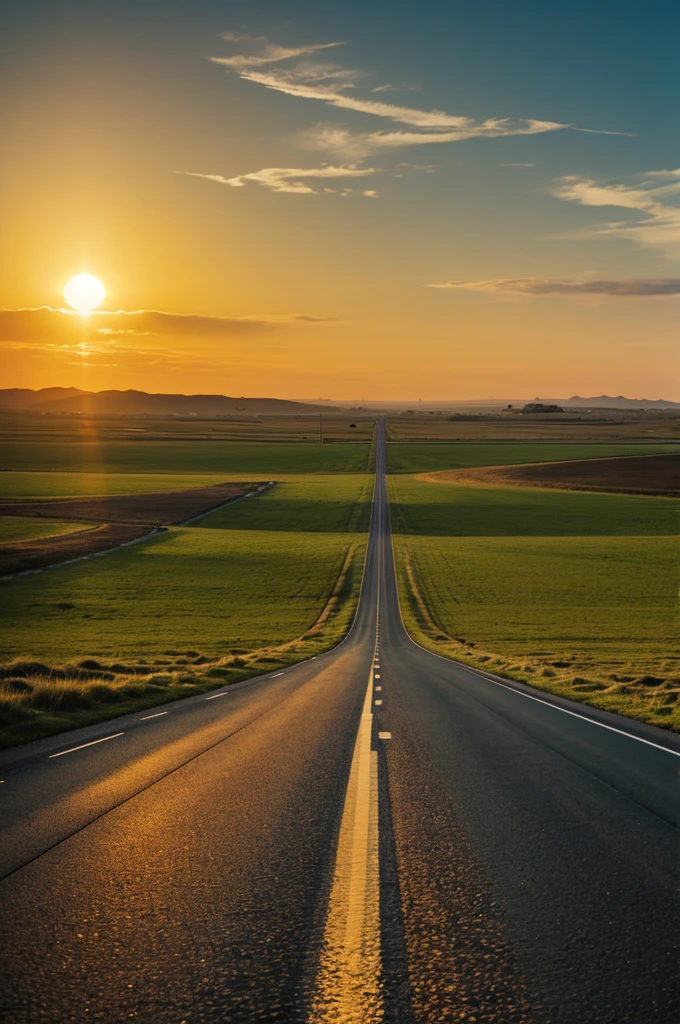 Straight road landscape with a sunset 

