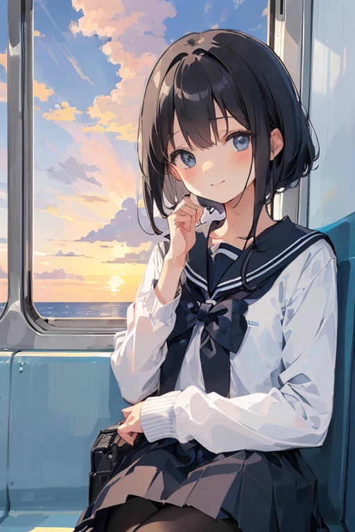 (Top quality illustrations:1.2)、(cute:1.0)、(1 girl、alone:1.0)、(Dark Hair,:1.0)、(Uniform Arrangement:1.0)、(Upper Body:1.0)、(Very detailed) 、High resolution、8k、(Grey Skirt:1.0)、Bright Blue Eyes、Arrangement of sailor suits、black tights、smile、Watching the sunset、Facing outward、in the train、Sad back、Looking out the window、sunset seen from the window、Girl's back view