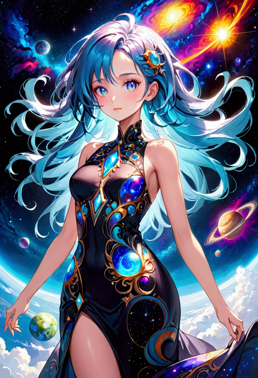 Girl with cosmic hair, cosmic eyes,tall rectangular body figure, mature, elagant dress